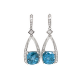 Blue Zircon Earrings w Earth Mined Diamonds in Solid 14K White Gold | Cushion Cut 8.5x8mm | Drop Earrings | December Birthstone