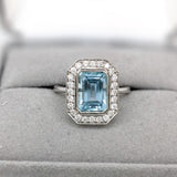 2.3ct Aquamarine Ring w Earth Mined Diamonds in Solid 14K White Gold | Emerald Cut 9x7mm