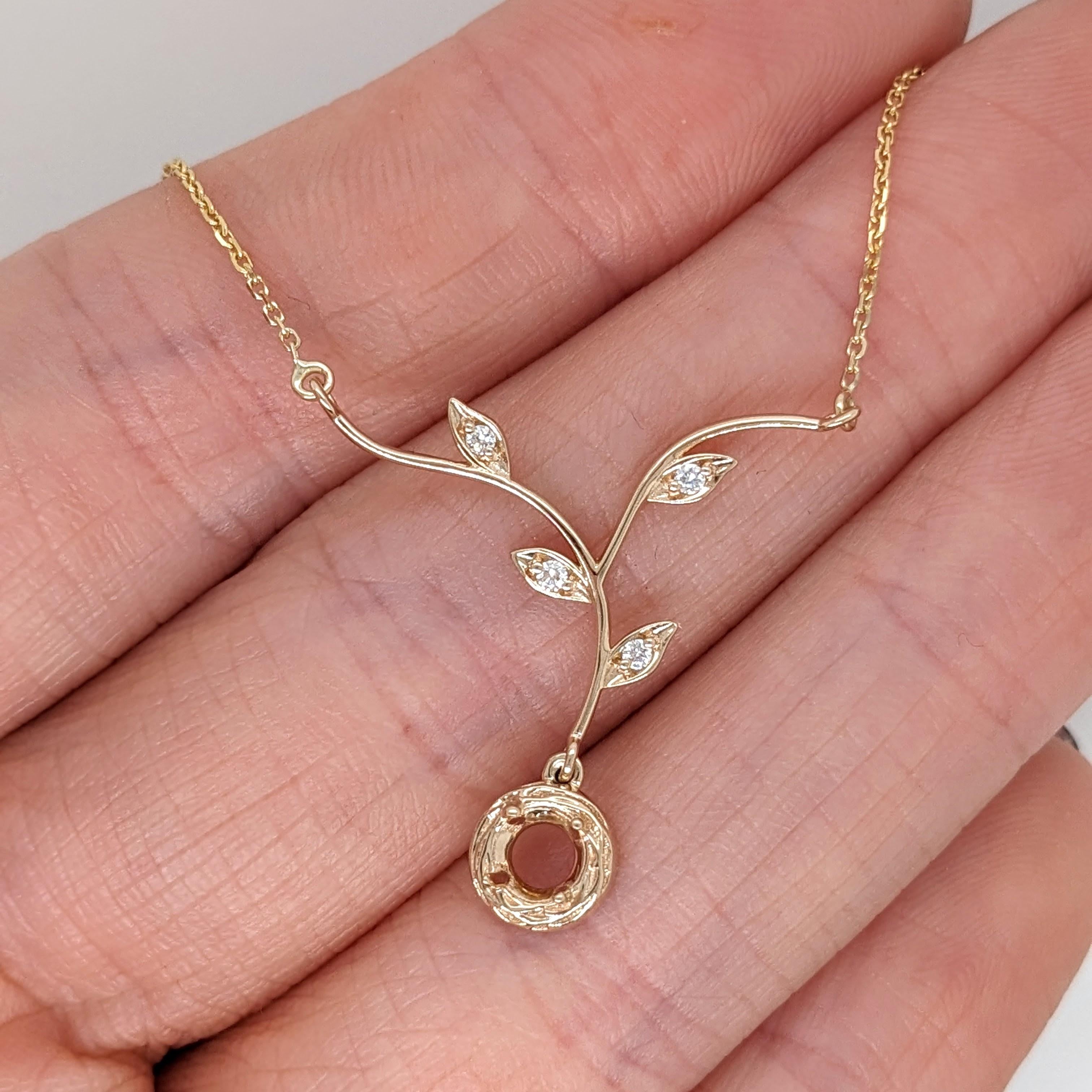 Pendant Necklace Semi Mount w Natural Diamonds in Solid 14k Gold Round 4mm