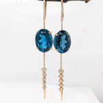 London Blue Topaz Dangle Earrings w Earth Mined Diamonds in Solid 14K Gold