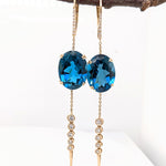 London Blue Topaz Dangle Earrings w Earth Mined Diamonds in Solid 14K Gold