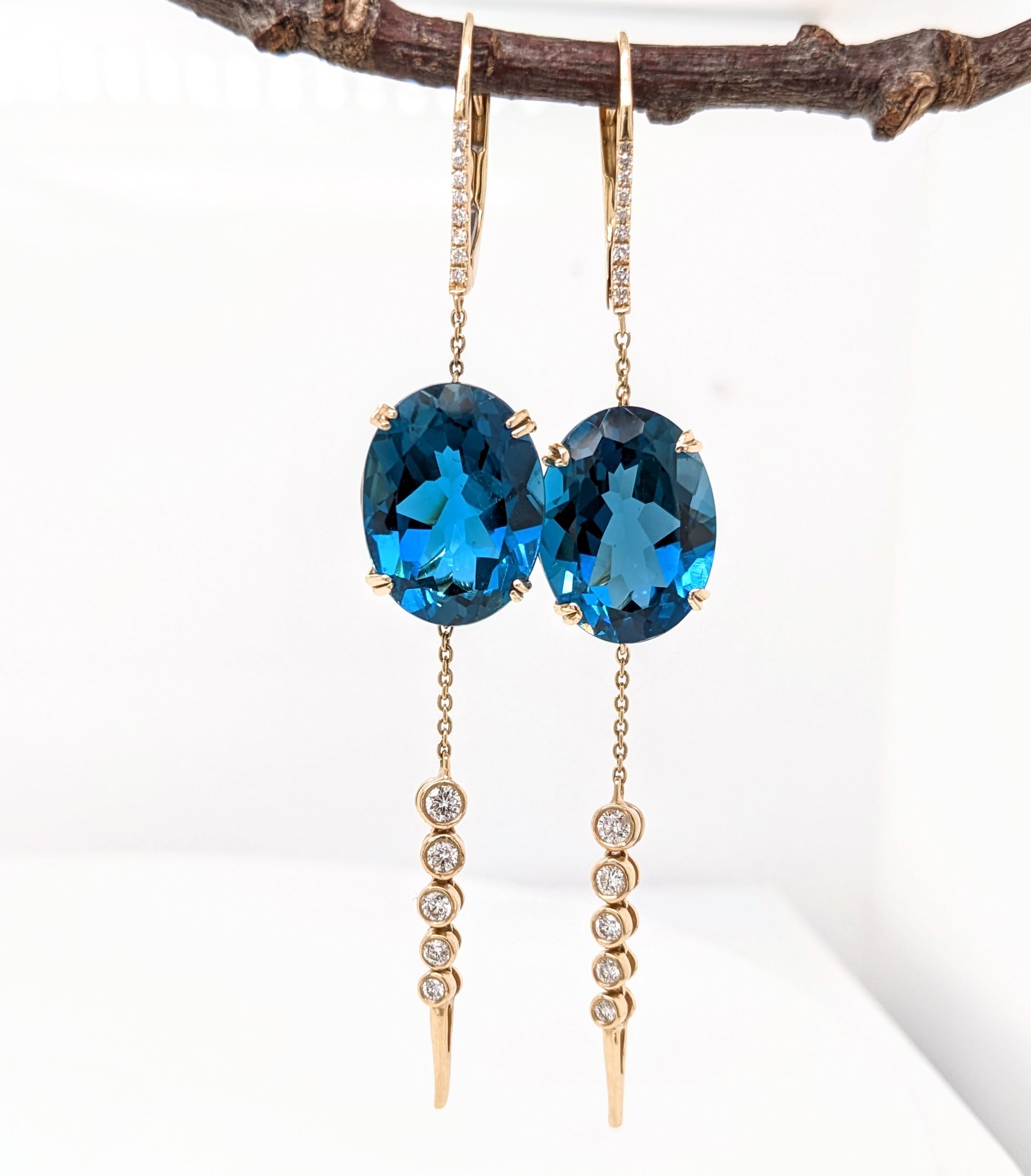 London Blue Topaz Dangle Earrings w Earth Mined Diamonds in Solid 14K Gold