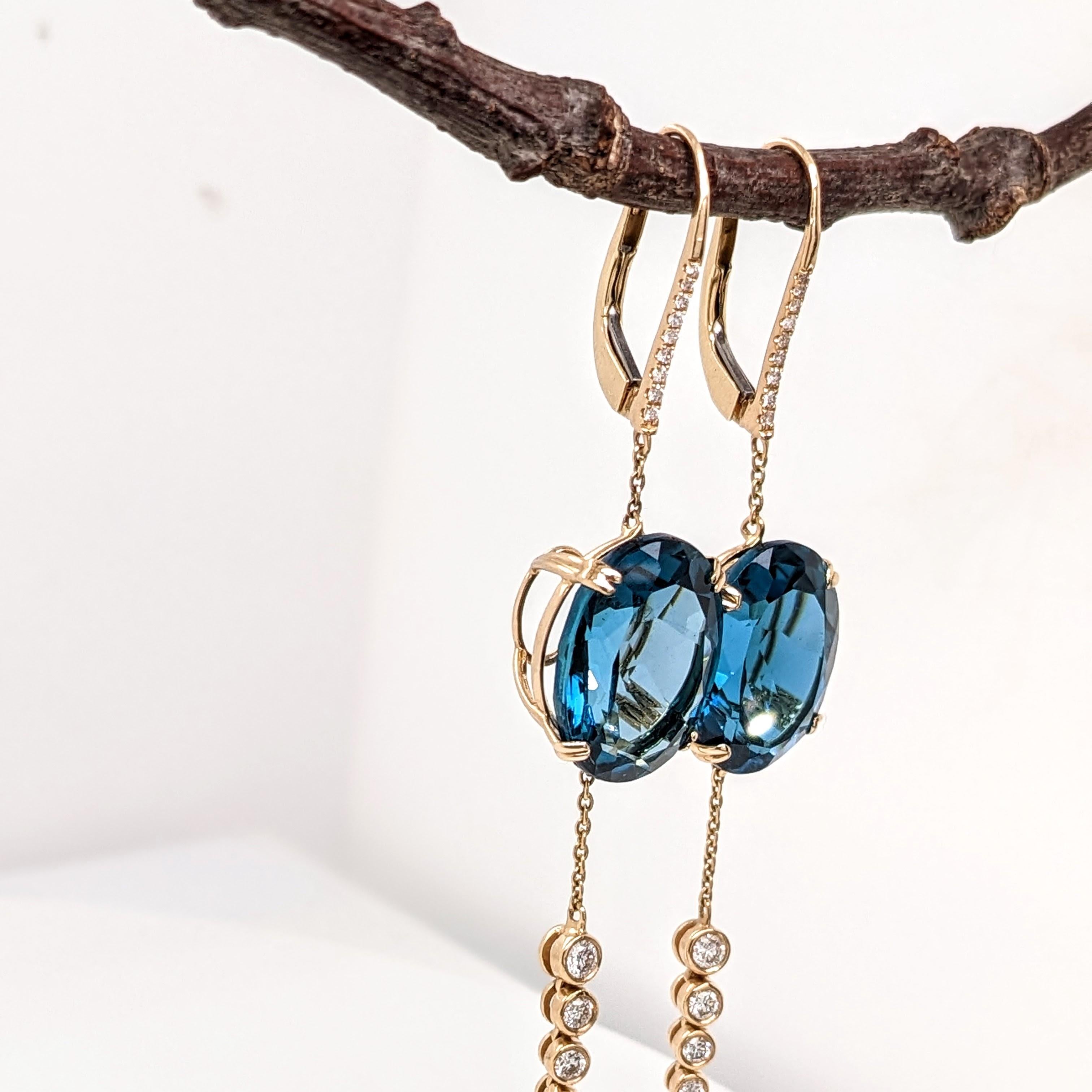 London Blue Topaz Dangle Earrings w Earth Mined Diamonds in Solid 14K Gold