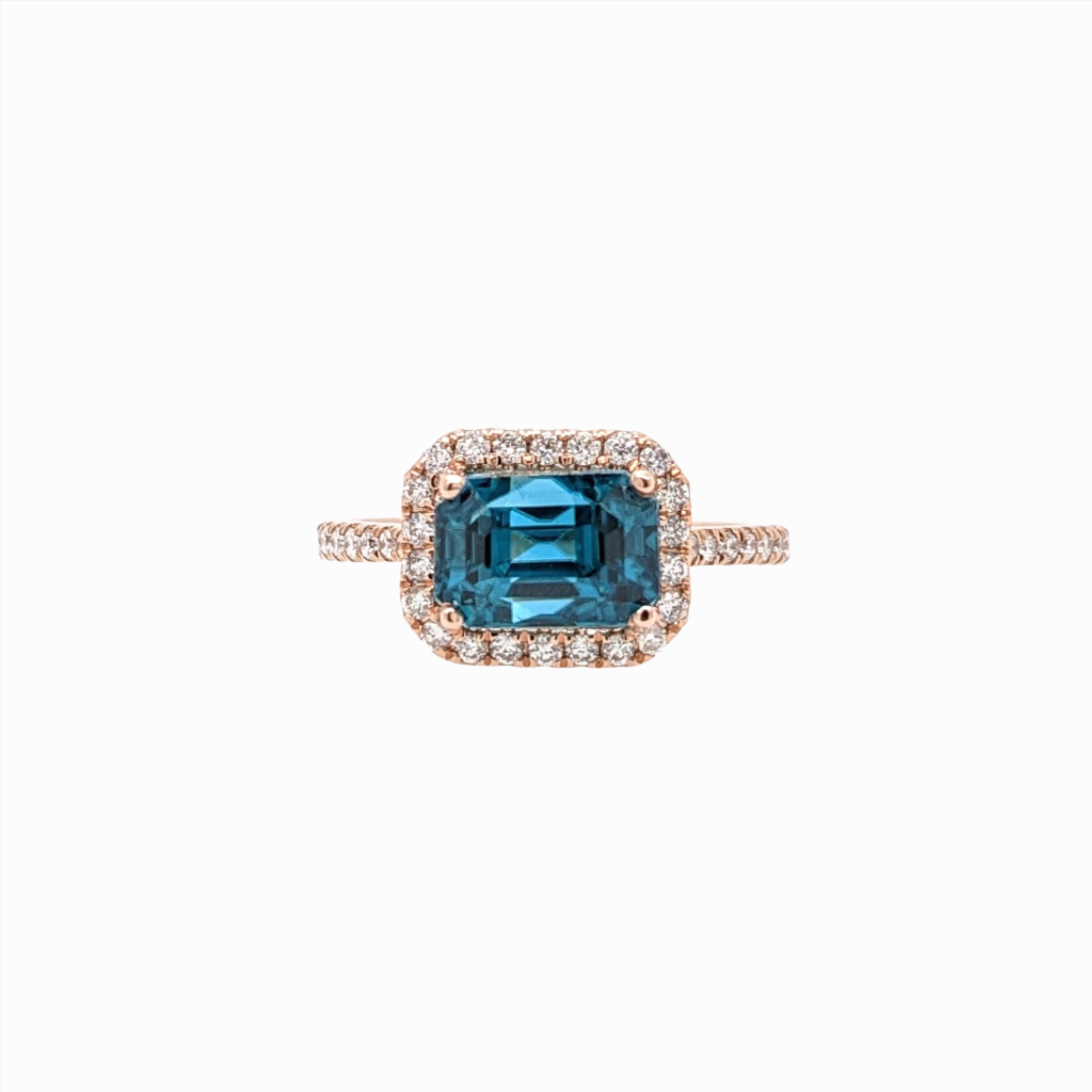 4.5ct Blue Zircon East West Ring w Natural Diamonds in Solid 14K Gold EM 8x6mm