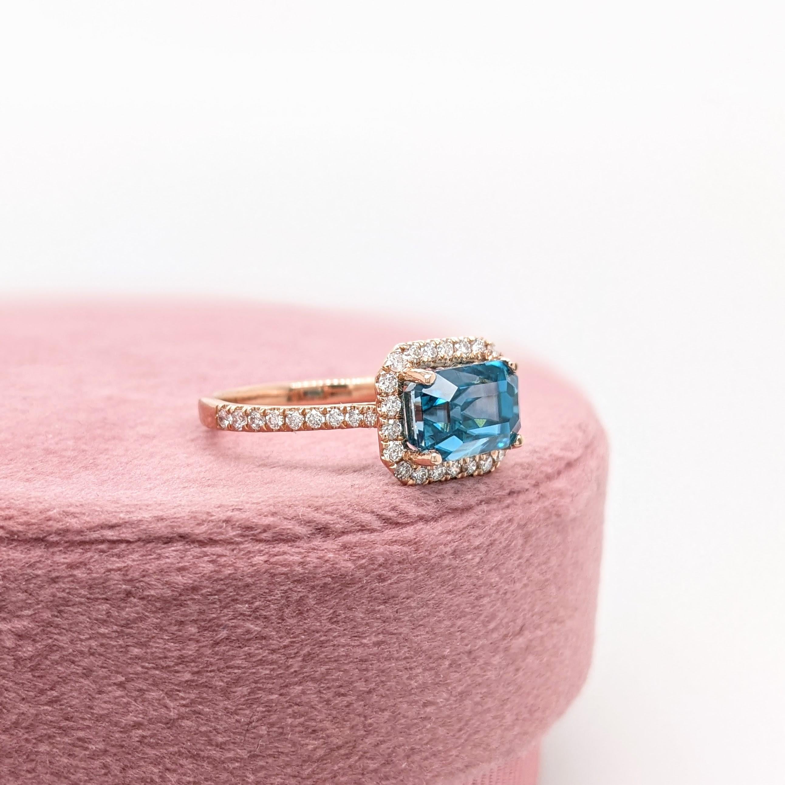 4.5ct Blue Zircon East West Ring w Natural Diamonds in Solid 14K Gold EM 8x6mm