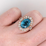 9.4ct Blue Zircon Ring w Natural Diamonds in Solid 14K Rose Gold Oval 12x10mm