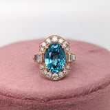 9.4ct Blue Zircon Ring w Natural Diamonds in Solid 14K Rose Gold Oval 12x10mm