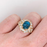 5.2ct Blue Zircon Ring w Earth Mined Diamonds in Solid 14K Yellow Gold | Oval 10x8mm