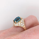 5.2ct Blue Zircon Ring w Earth Mined Diamonds in Solid 14K Yellow Gold | Oval 10x8mm