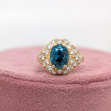 5.2ct Blue Zircon Ring w Earth Mined Diamonds in Solid 14K Yellow Gold | Oval 10x8mm