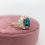 5.2ct Blue Zircon Ring w Earth Mined Diamonds in Solid 14K Yellow Gold | Oval 10x8mm