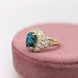 5.2ct Blue Zircon Ring w Earth Mined Diamonds in Solid 14K Yellow Gold | Oval 10x8mm