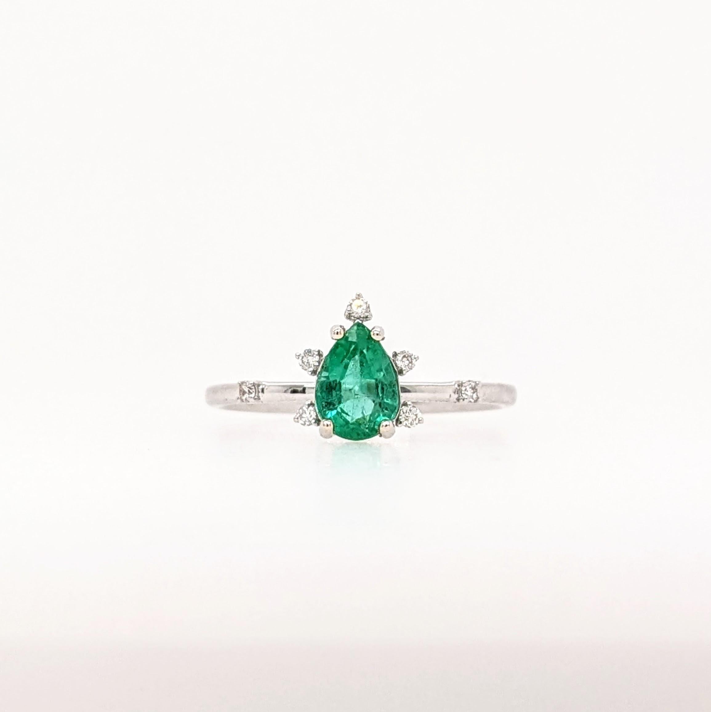 Emerald Ring w Earth Mined Diamond in Solid 14K Gold | Pear Shape 7x5mm
