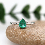 Emerald Ring w Earth Mined Diamond in Solid 14K Gold | Pear Shape 7x5mm