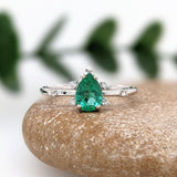 Emerald Ring w Earth Mined Diamond in Solid 14K Gold | Pear Shape 7x5mm