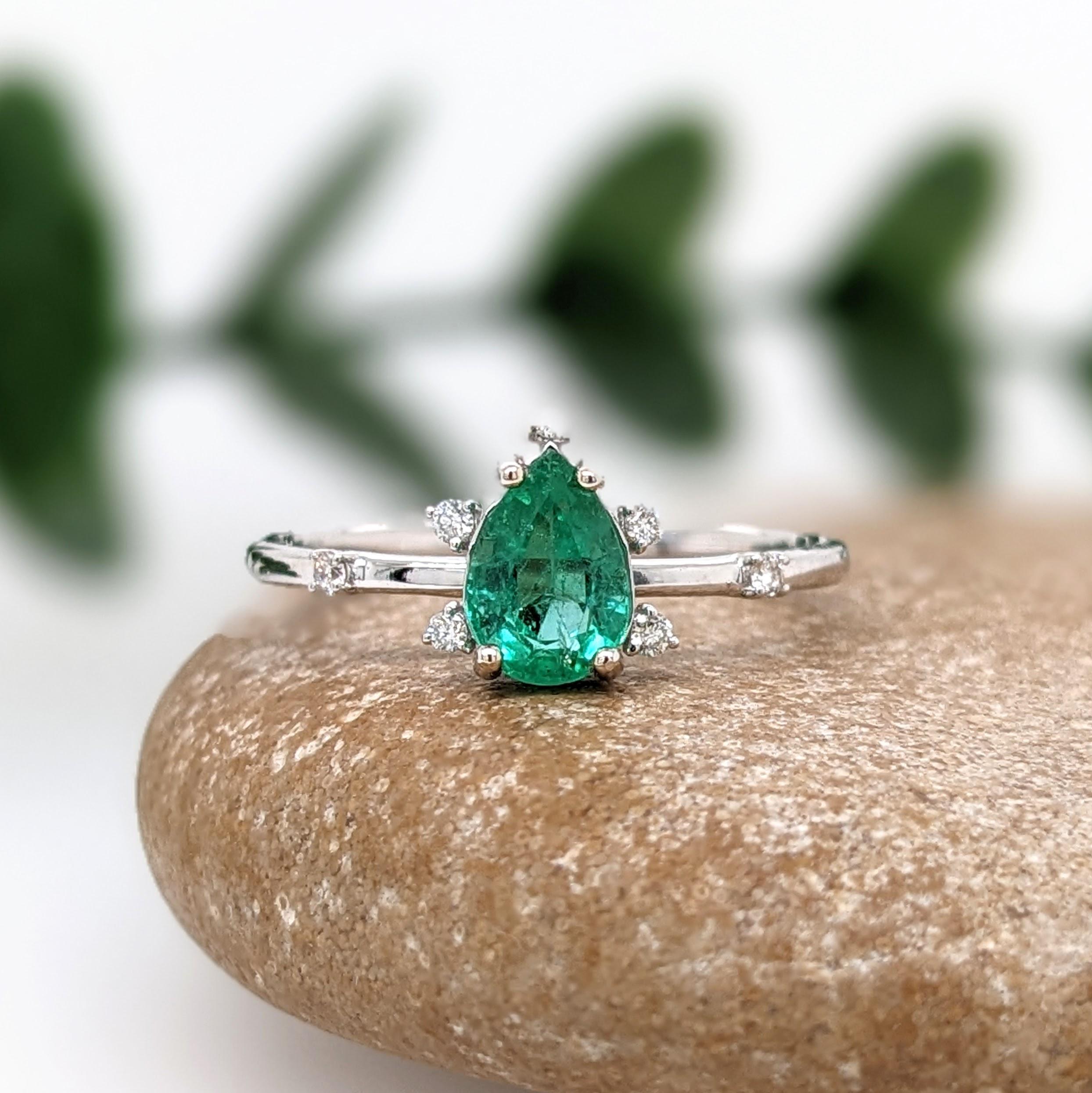 Emerald Ring w Earth Mined Diamond in Solid 14K Gold | Pear Shape 7x5mm