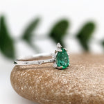 Emerald Ring w Earth Mined Diamond in Solid 14K Gold | Pear Shape 7x5mm