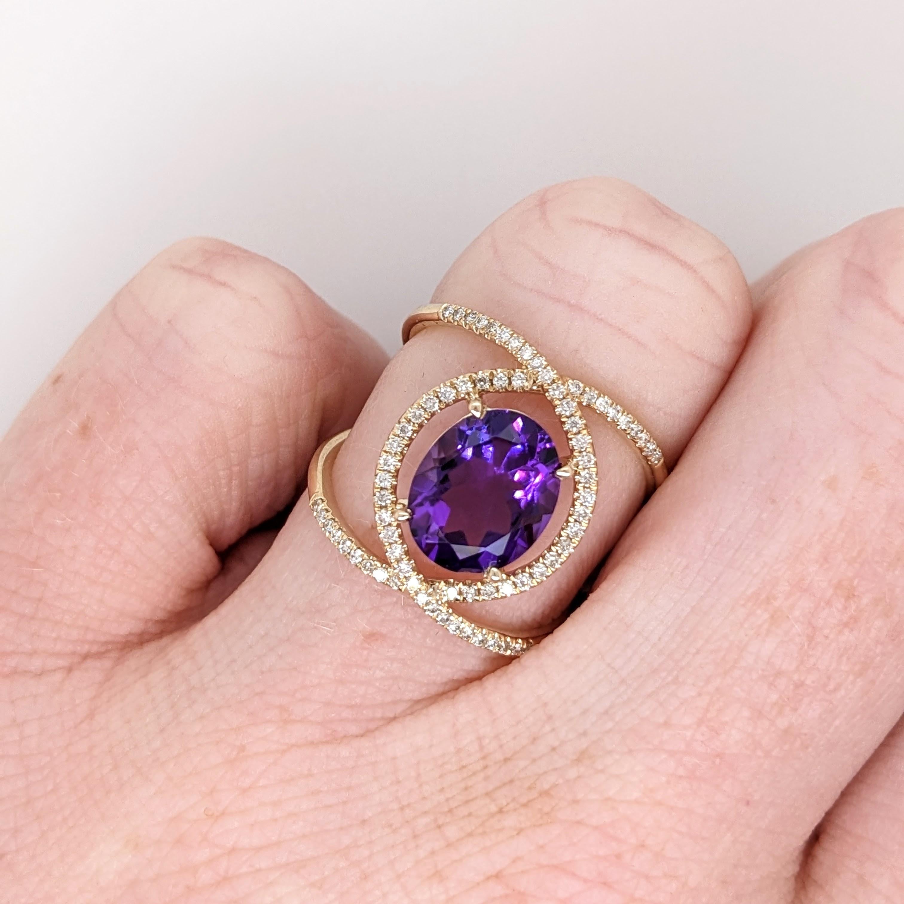 Amethyst Split Shank Ring with Natural Diamond Accents in Solid 14k Yellow Gold