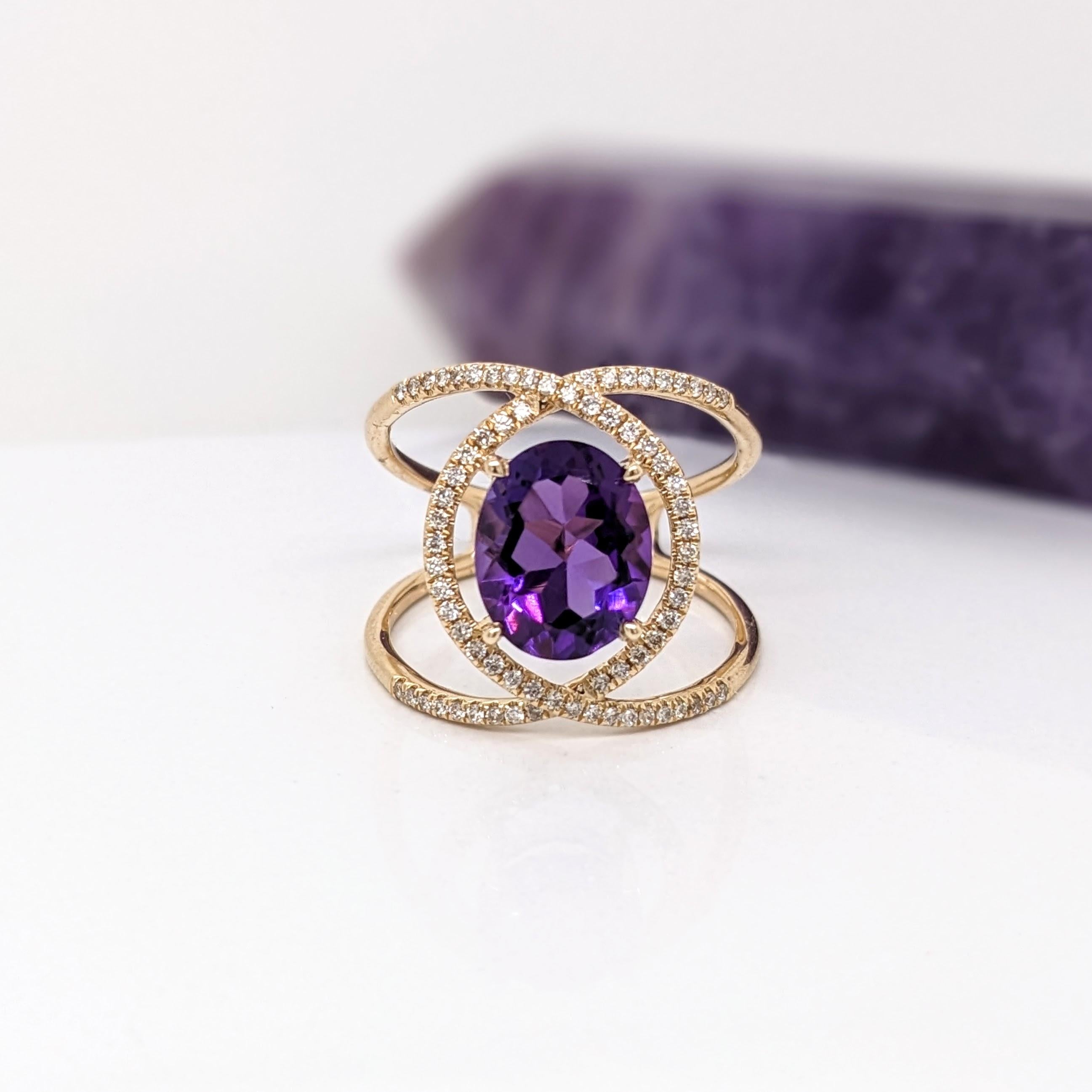 Amethyst Split Shank Ring with Natural Diamond Accents in Solid 14k Yellow Gold