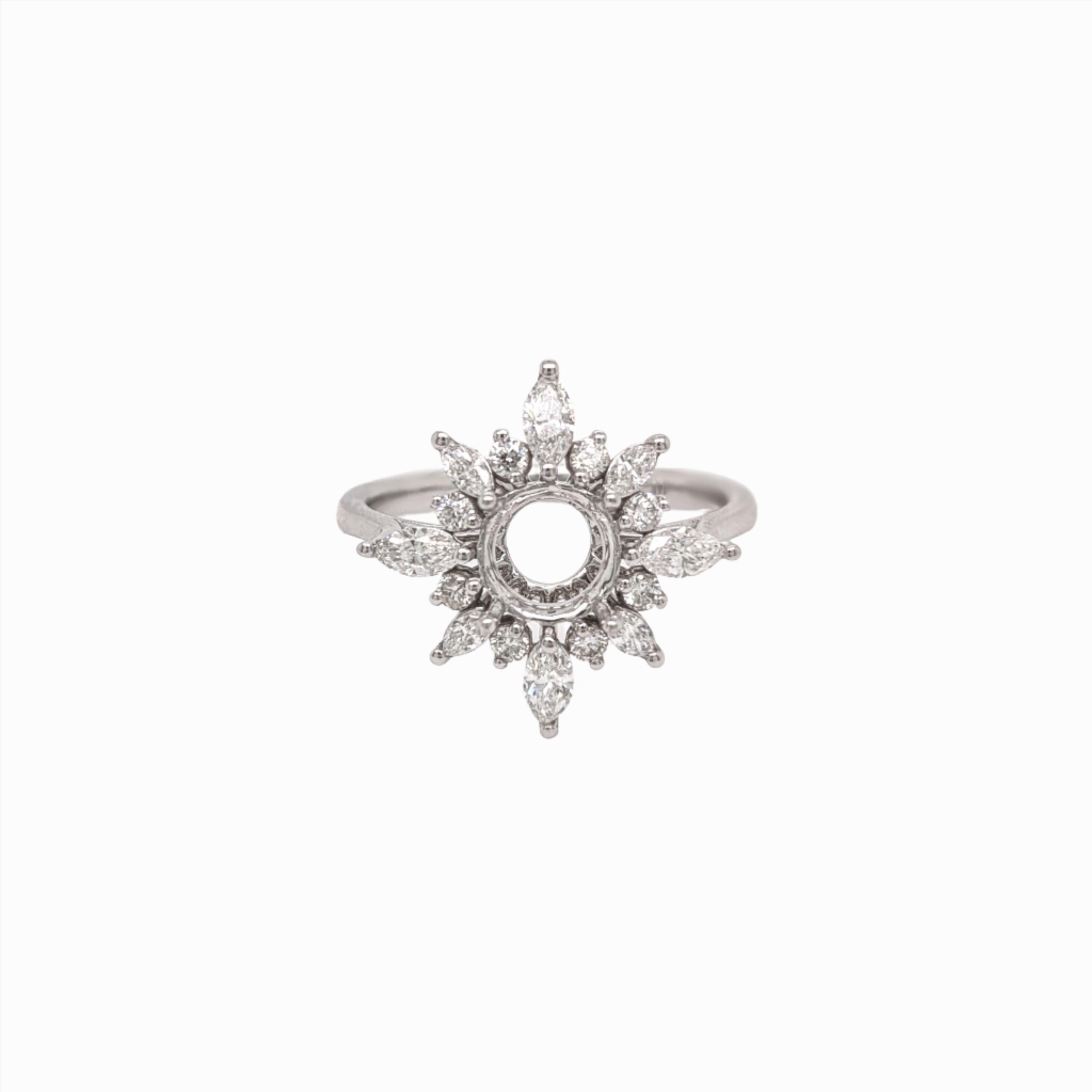 Snowflake Design Ring Semi Mount w Natural Diamonds in Solid 14K Gold Round 6mm