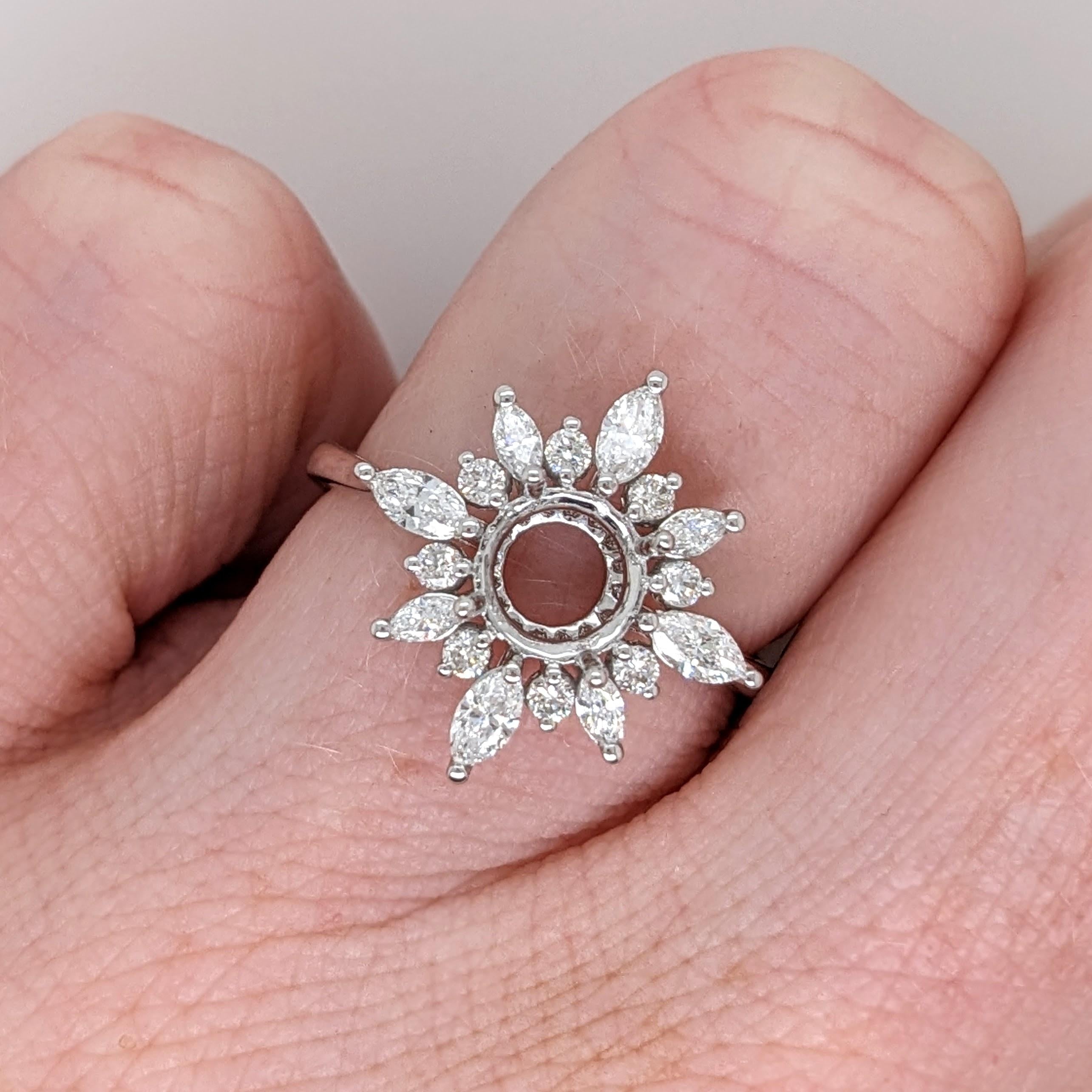 Snowflake Design Ring Semi Mount w Natural Diamonds in Solid 14K Gold Round 6mm