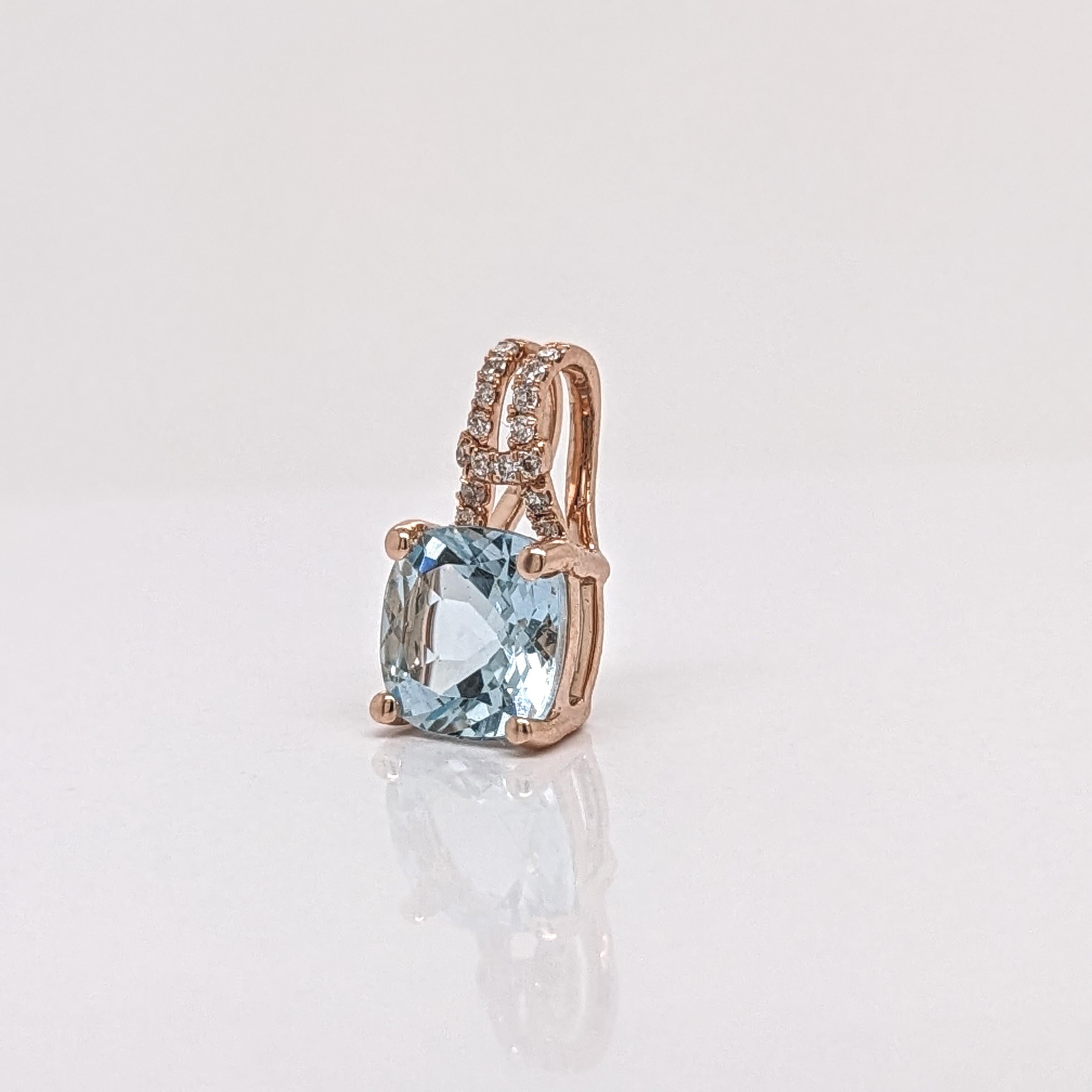 Aquamarine Pendant w Natural Diamonds in Solid 14K Rose Gold Cushion Cut 5x3mm