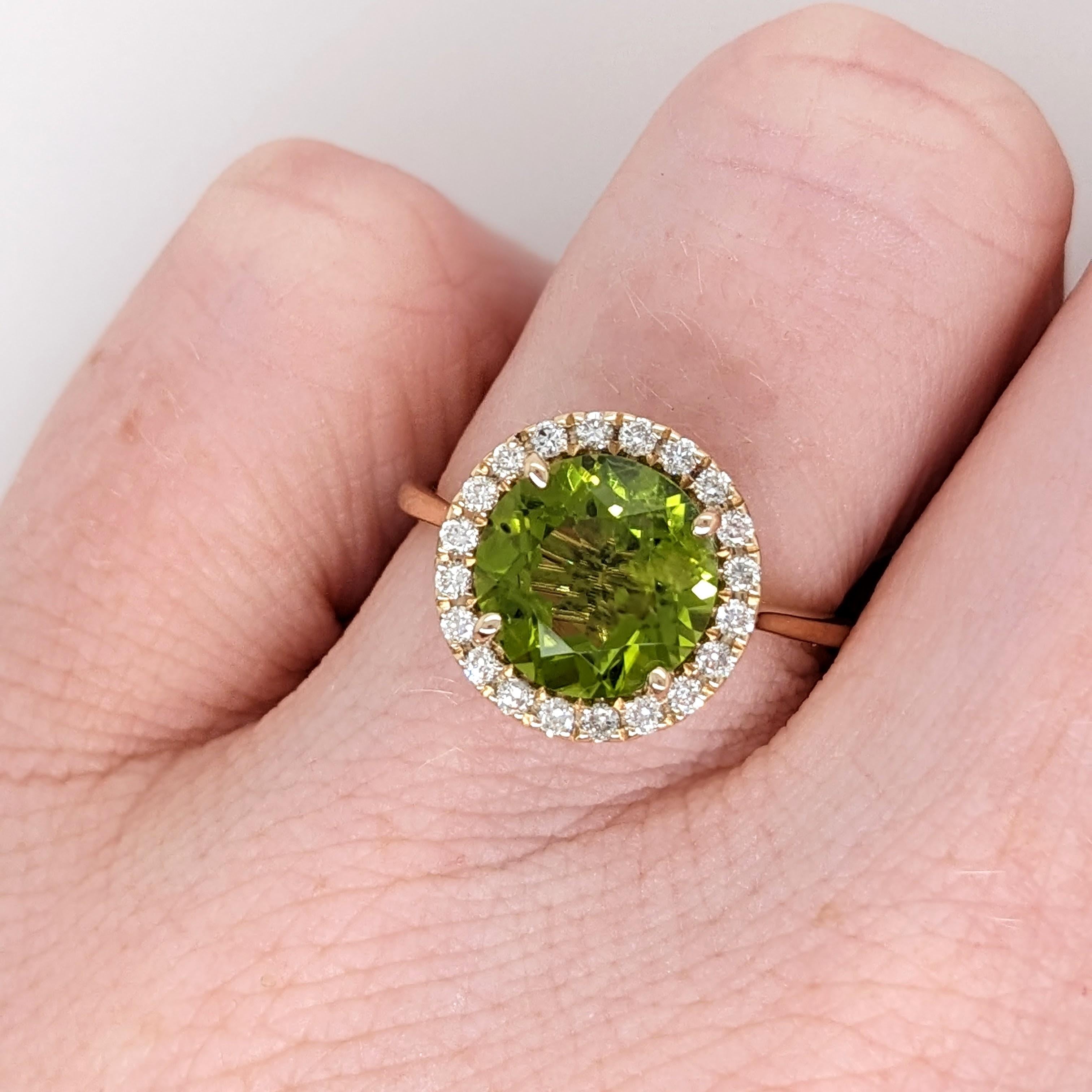2.7ct Sparkling Peridot Ring w Natural Diamonds in Solid 14k Gold Round 9mm