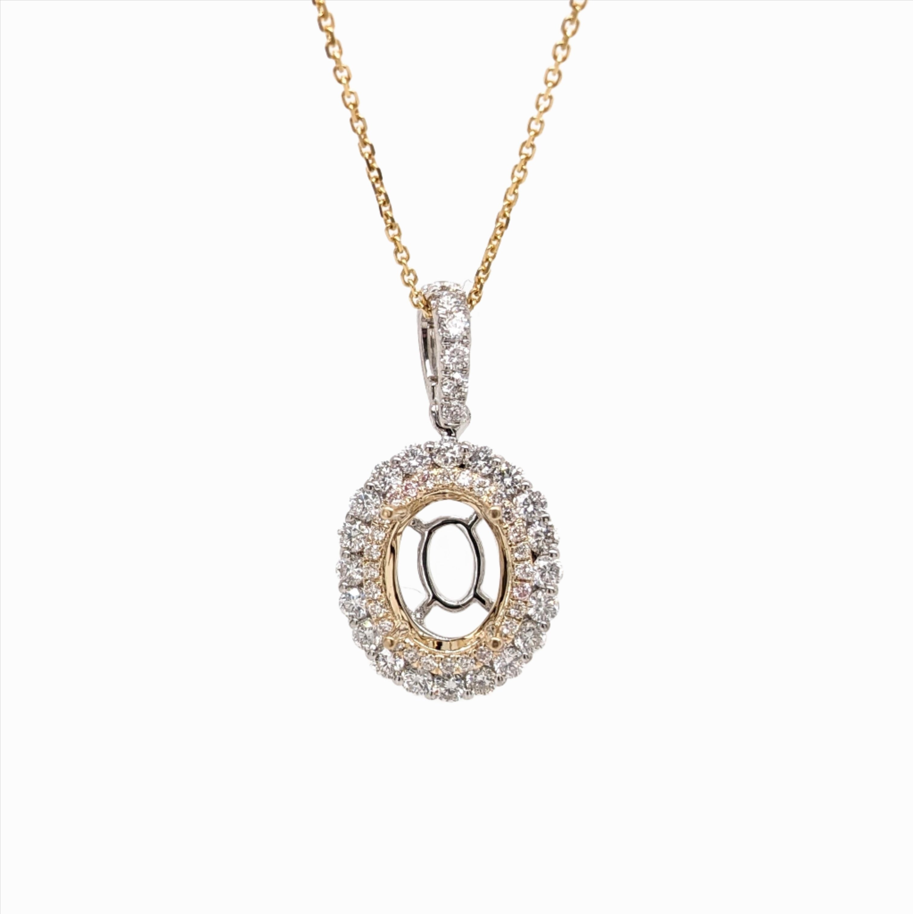 Double Halo Pendant Semi Mount in Solid 14K Dual Tone Gold Oval 9x7mm
