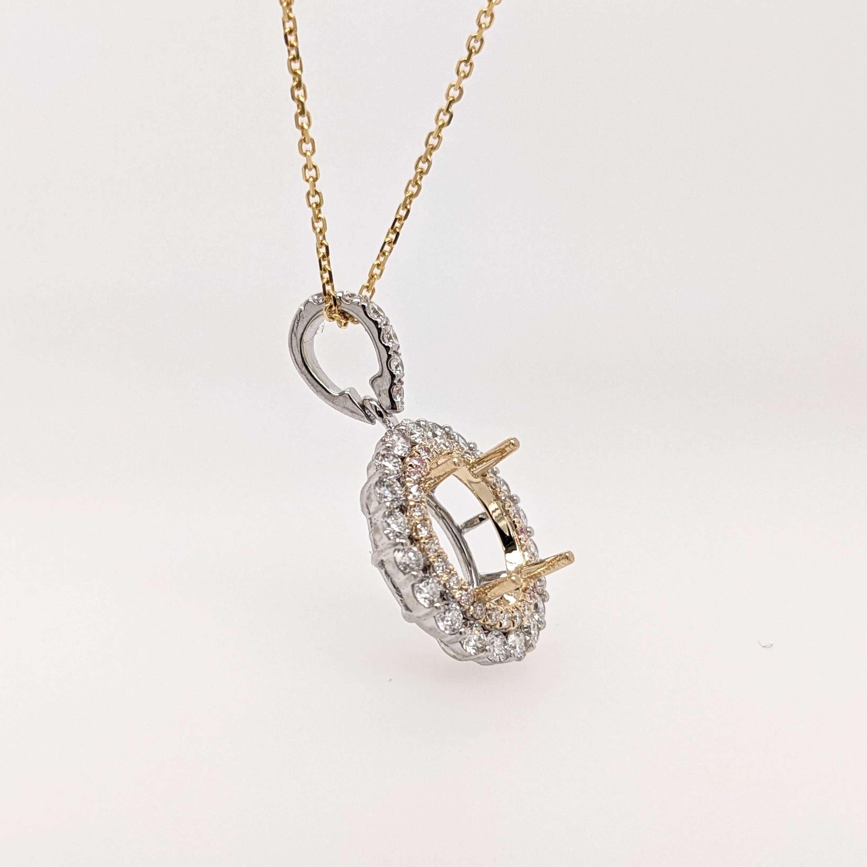 Double Halo Pendant Semi Mount in Solid 14K Dual Tone Gold Oval 9x7mm