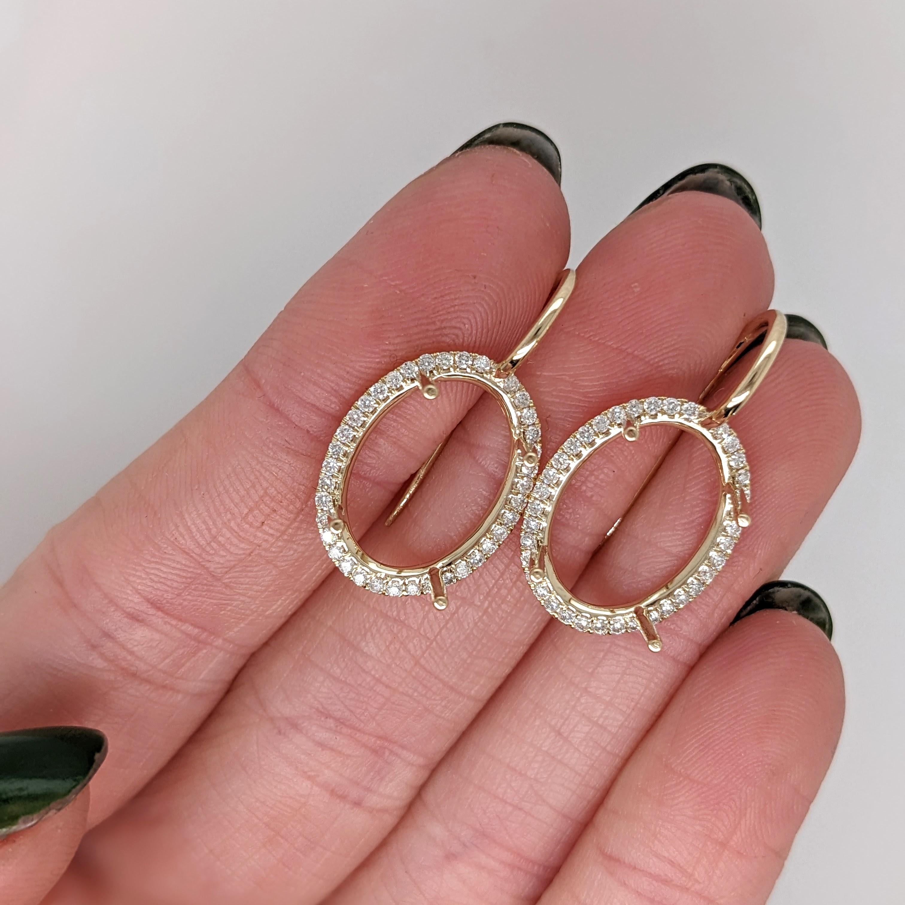 Earrings Semi Mount w Natural Diamonds in Solid 14K Gold Oval 16x12mm