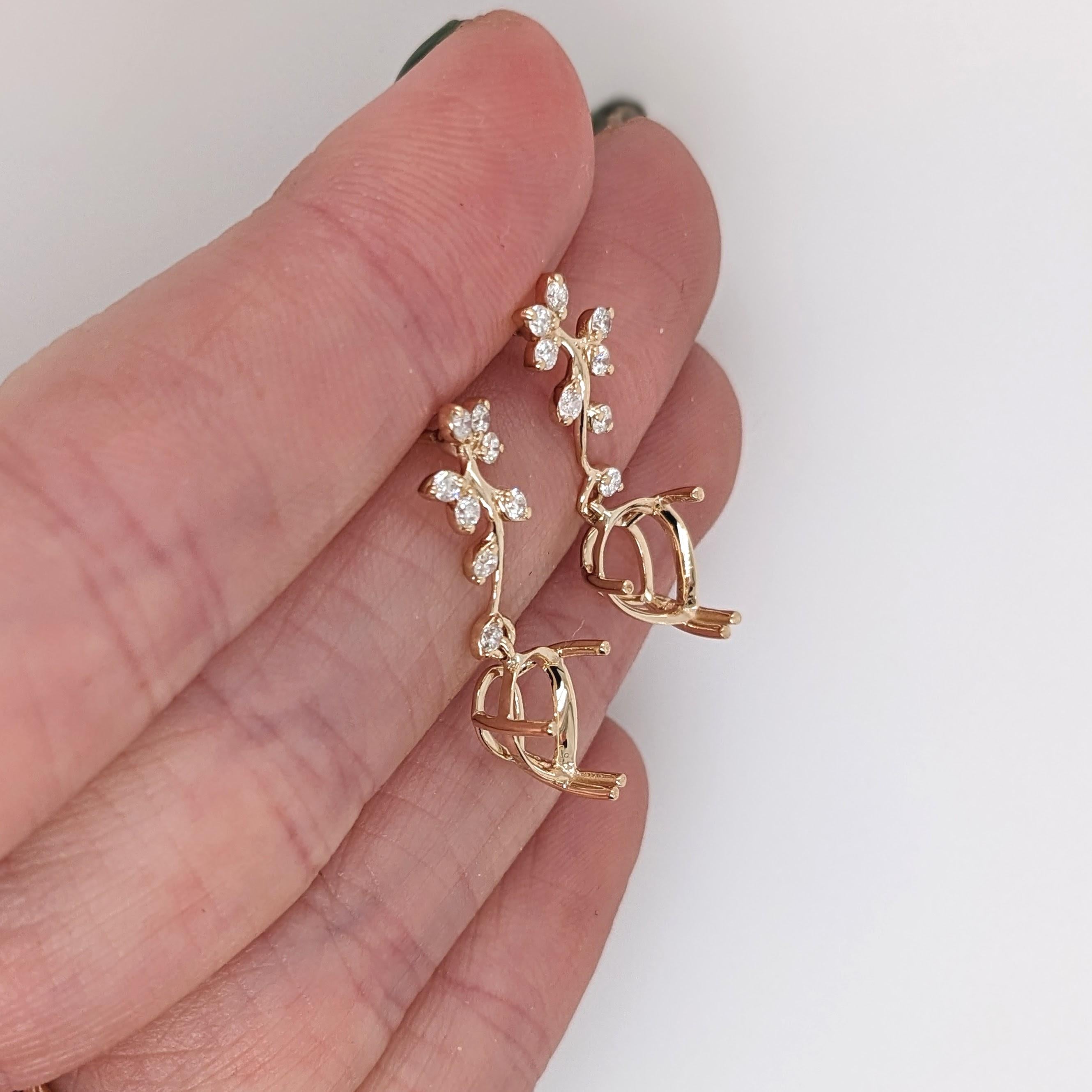 Earrings Semi Mount w Natural Diamonds in Solid 14K Gold Pear shape 9x7mm