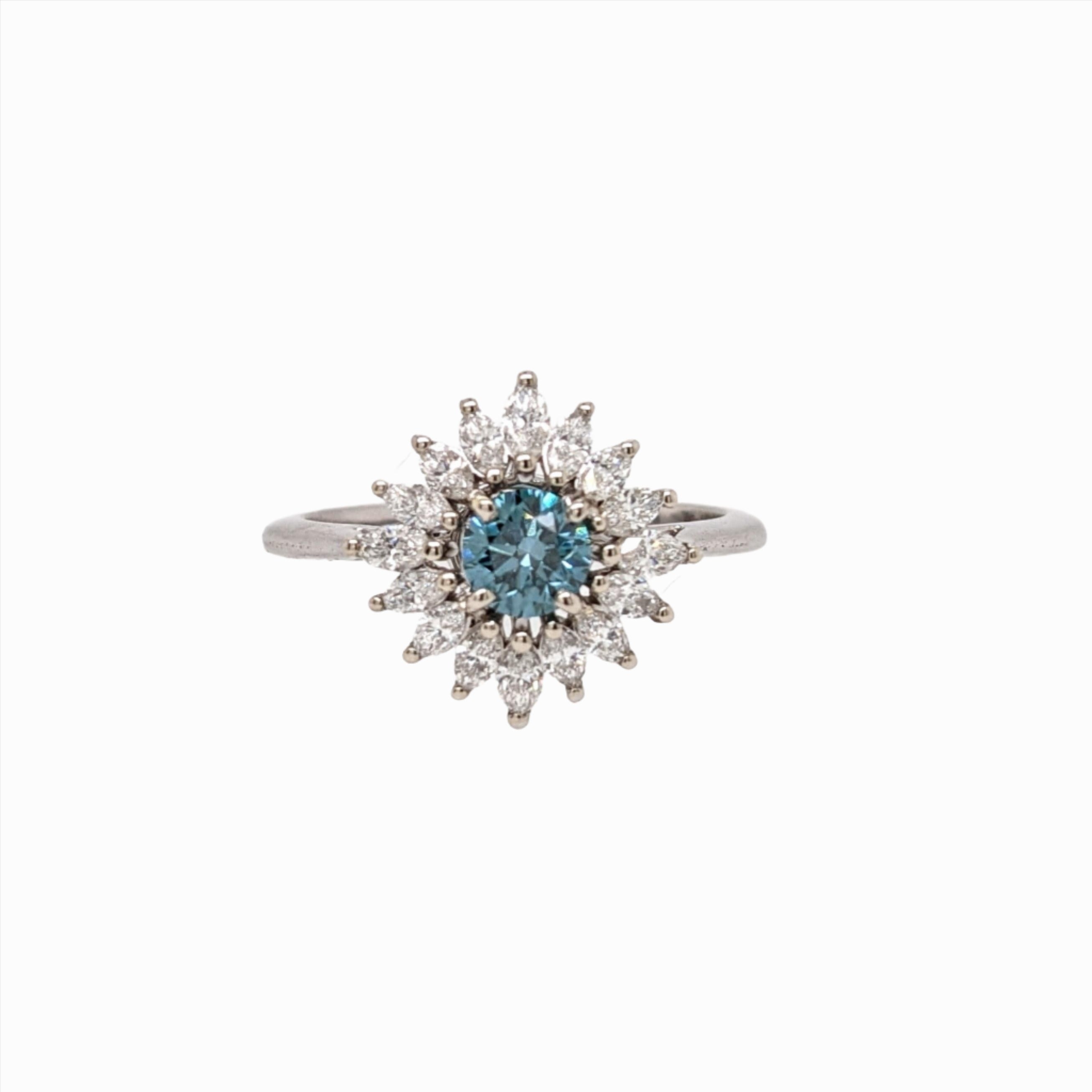 Blue Diamond Ring w a Natural Diamond Halo in Solid 14K White Gold Round 4.5mm