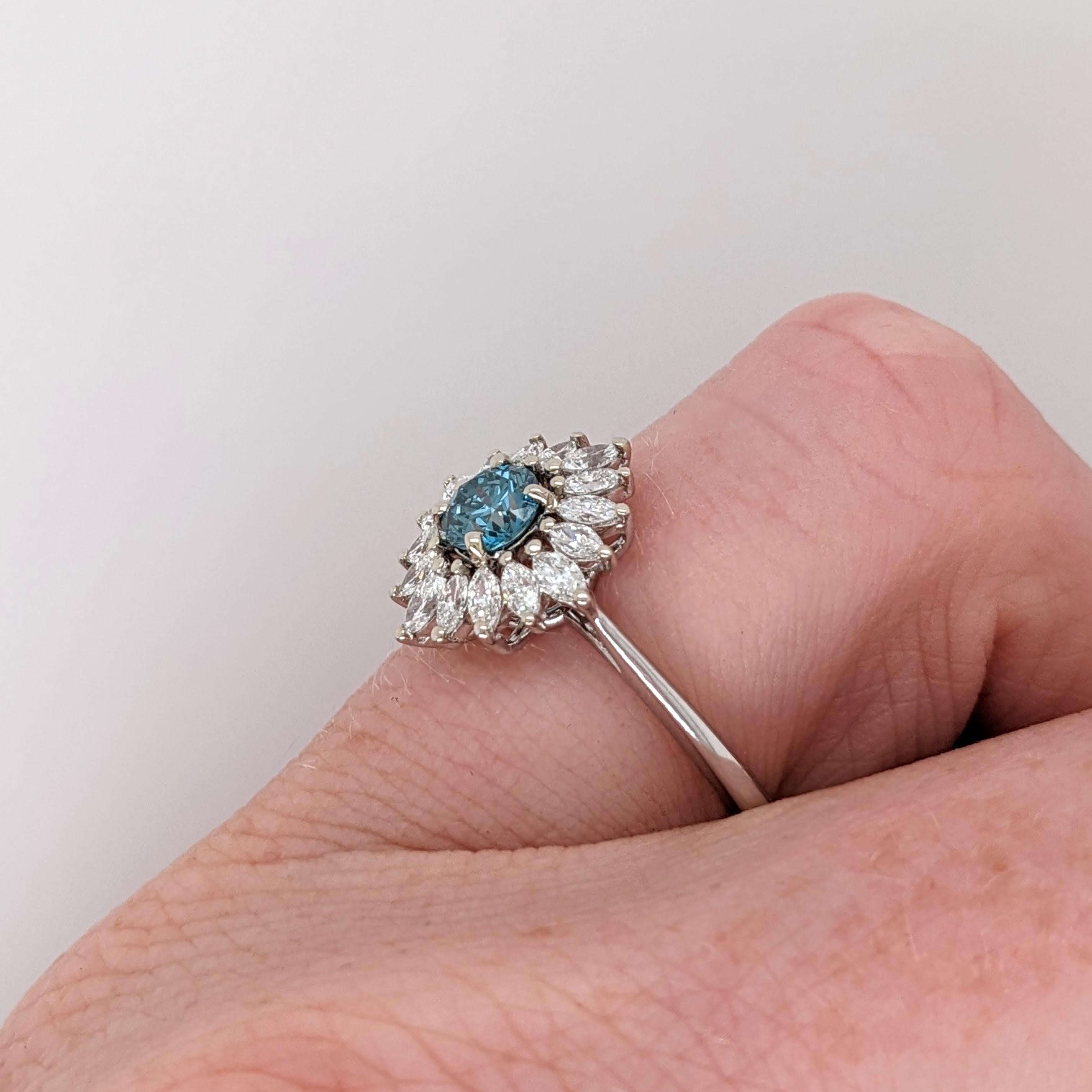 Blue Diamond Ring w a Natural Diamond Halo in Solid 14K White Gold Round 4.5mm