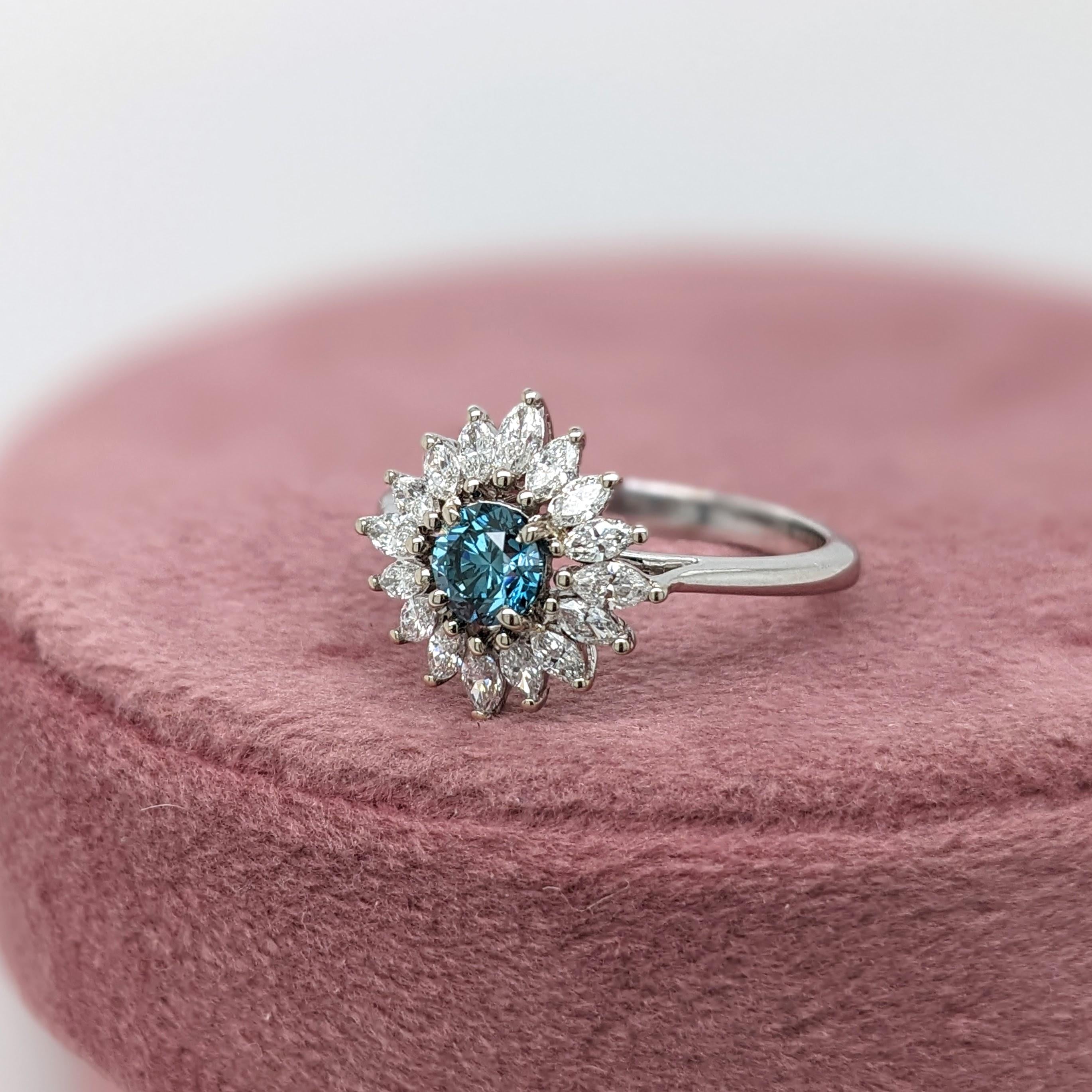 Blue Diamond Ring w a Natural Diamond Halo in Solid 14K White Gold Round 4.5mm