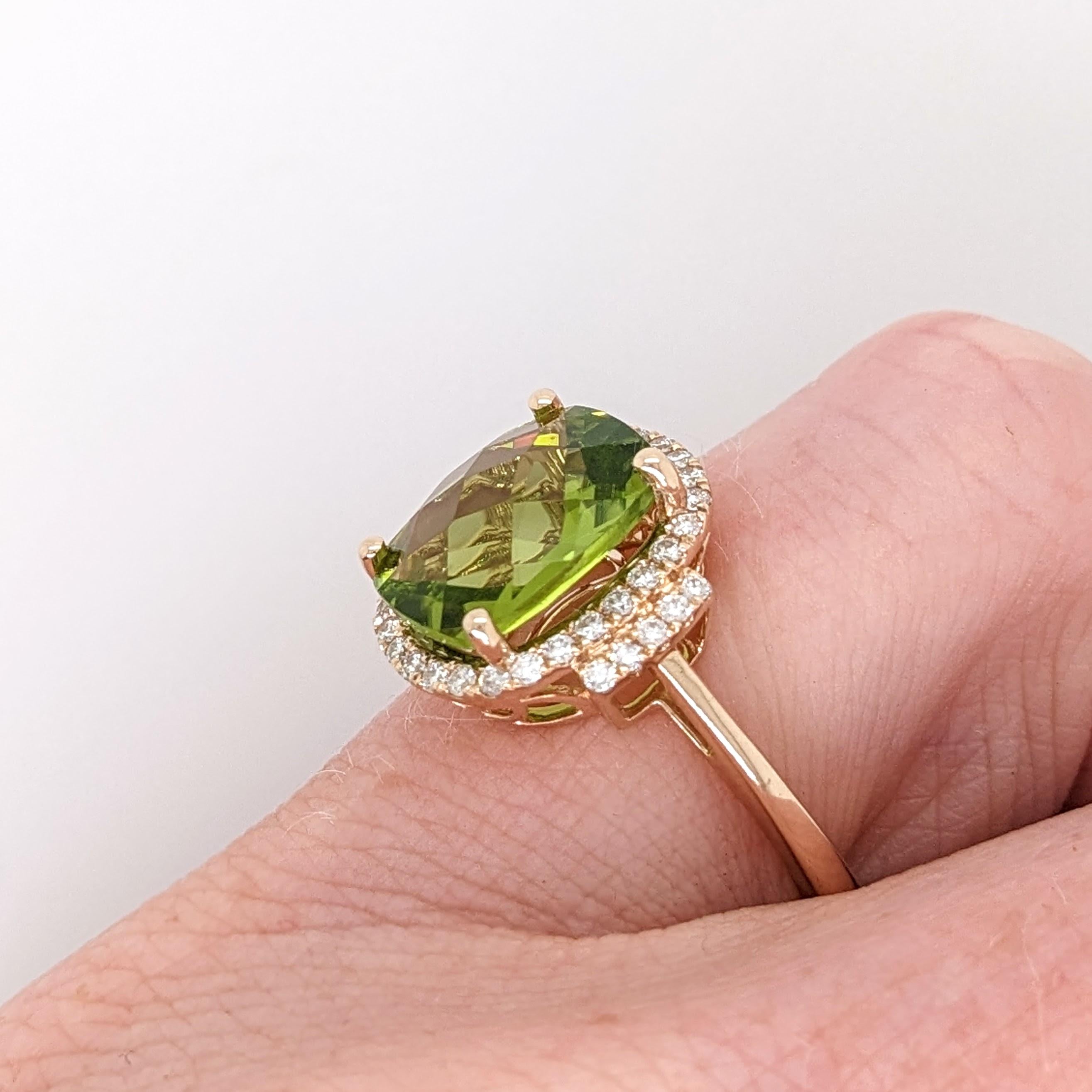 3.9ct Peridot Statement Ring w Natural Diamonds in Solid 14K Gold Cushion 11x9mm