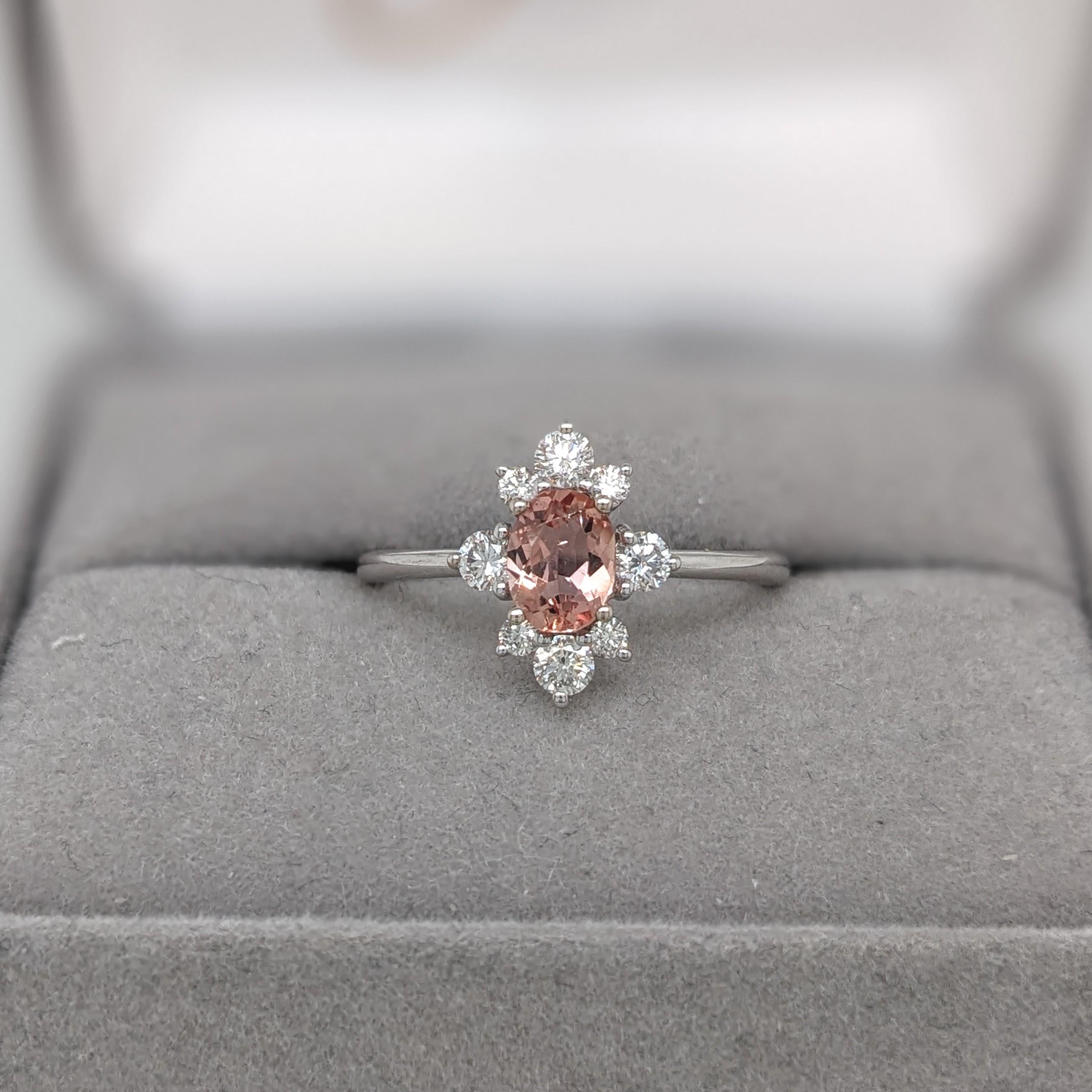 Dainty Peachy Imperial Topaz Ring w Natural Diamonds in Solid 14k White Gold