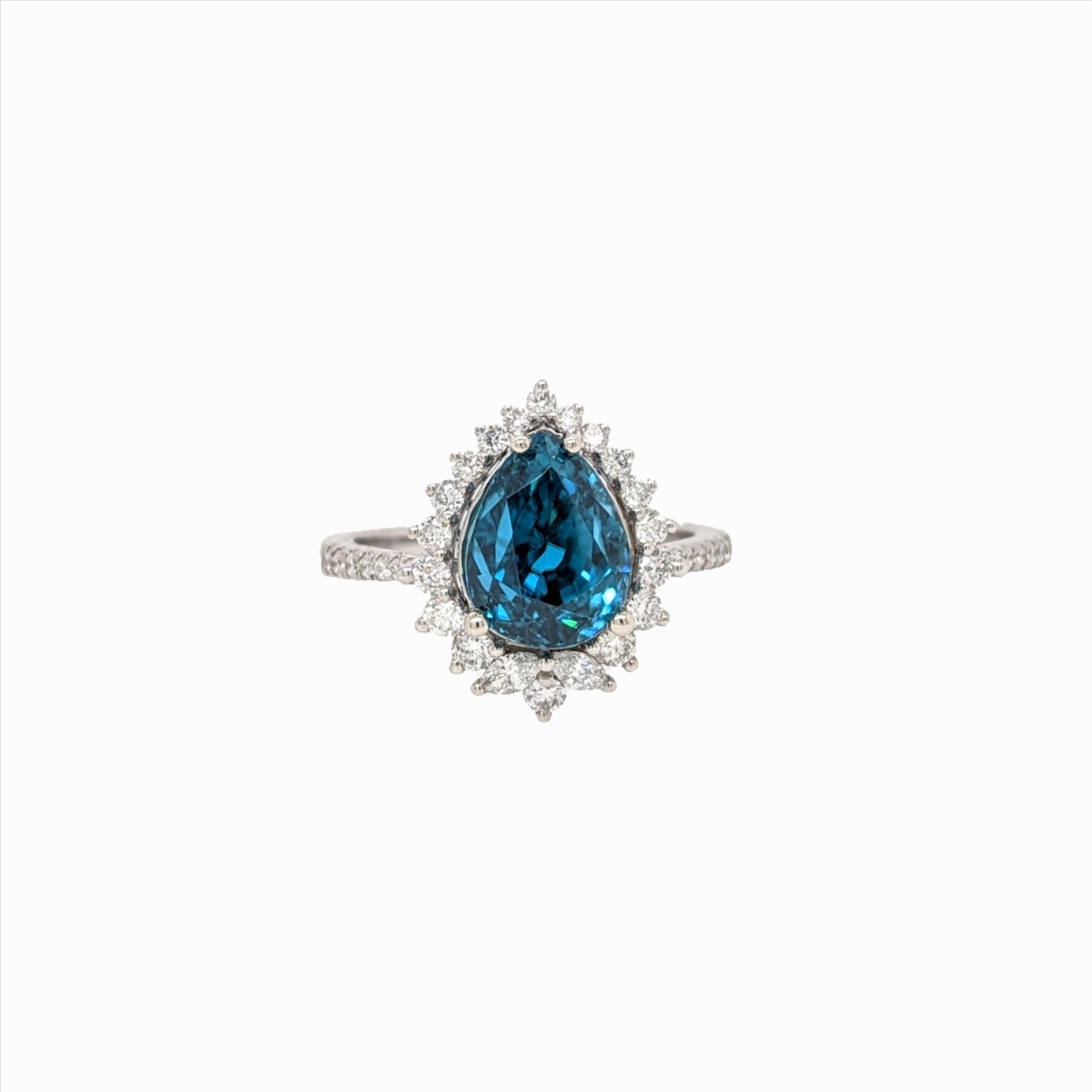 5ct Blue Zircon Ring w Natural Diamonds in Solid 14K White Gold Pear 10x8mm