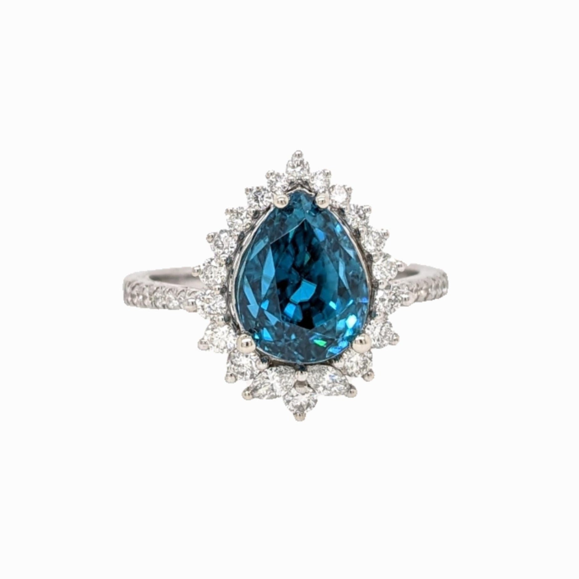 5ct Blue Zircon Ring w Natural Diamonds in Solid 14K White Gold Pear 10x8mm