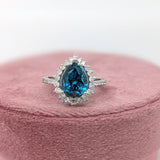 5ct Blue Zircon Ring w Natural Diamonds in Solid 14K White Gold | Pear Shape 10x8mm | December Birthstone