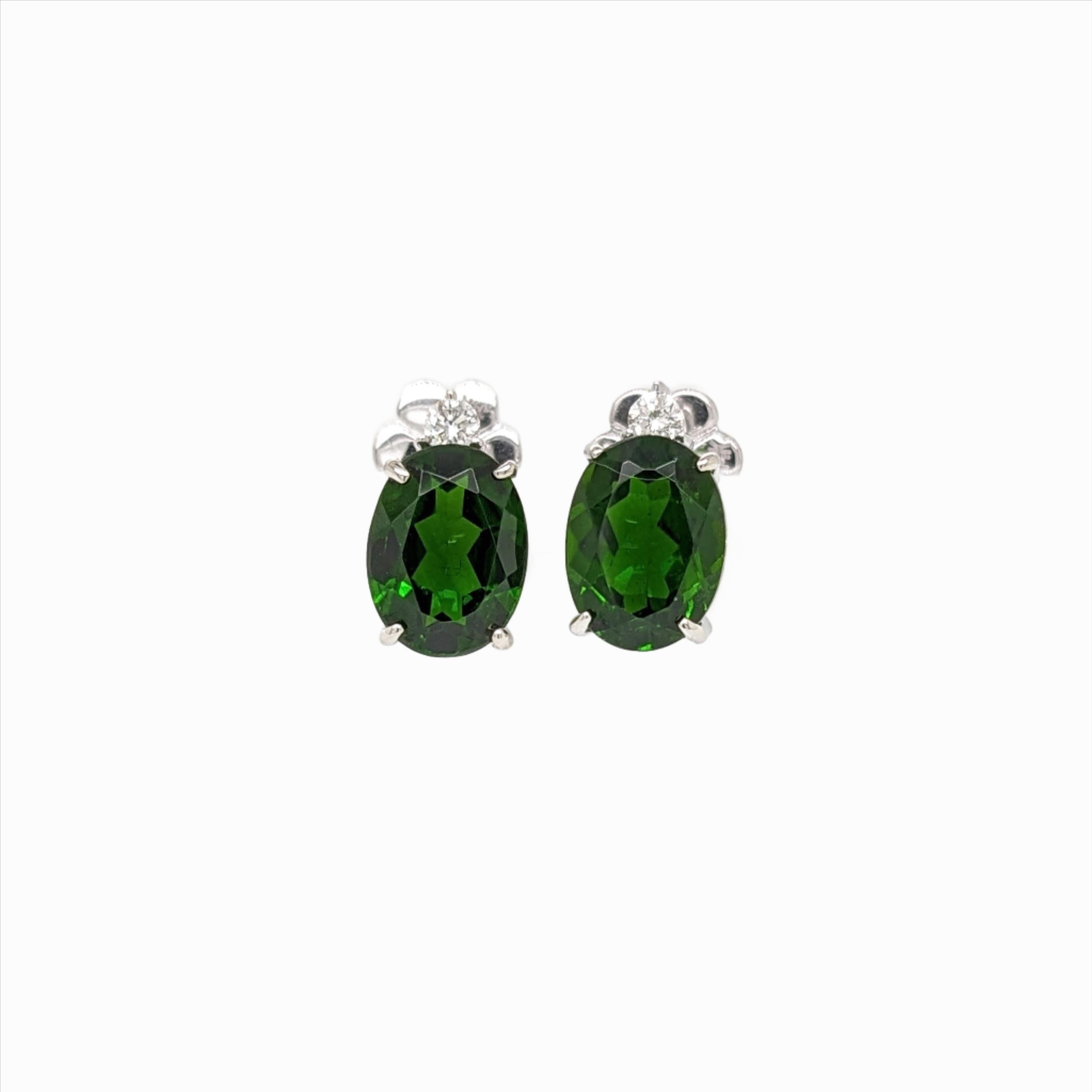 2.6ct Chrome Diopside Earrings w Natural Diamonds in Solid 14K Gold Oval 7x5mm