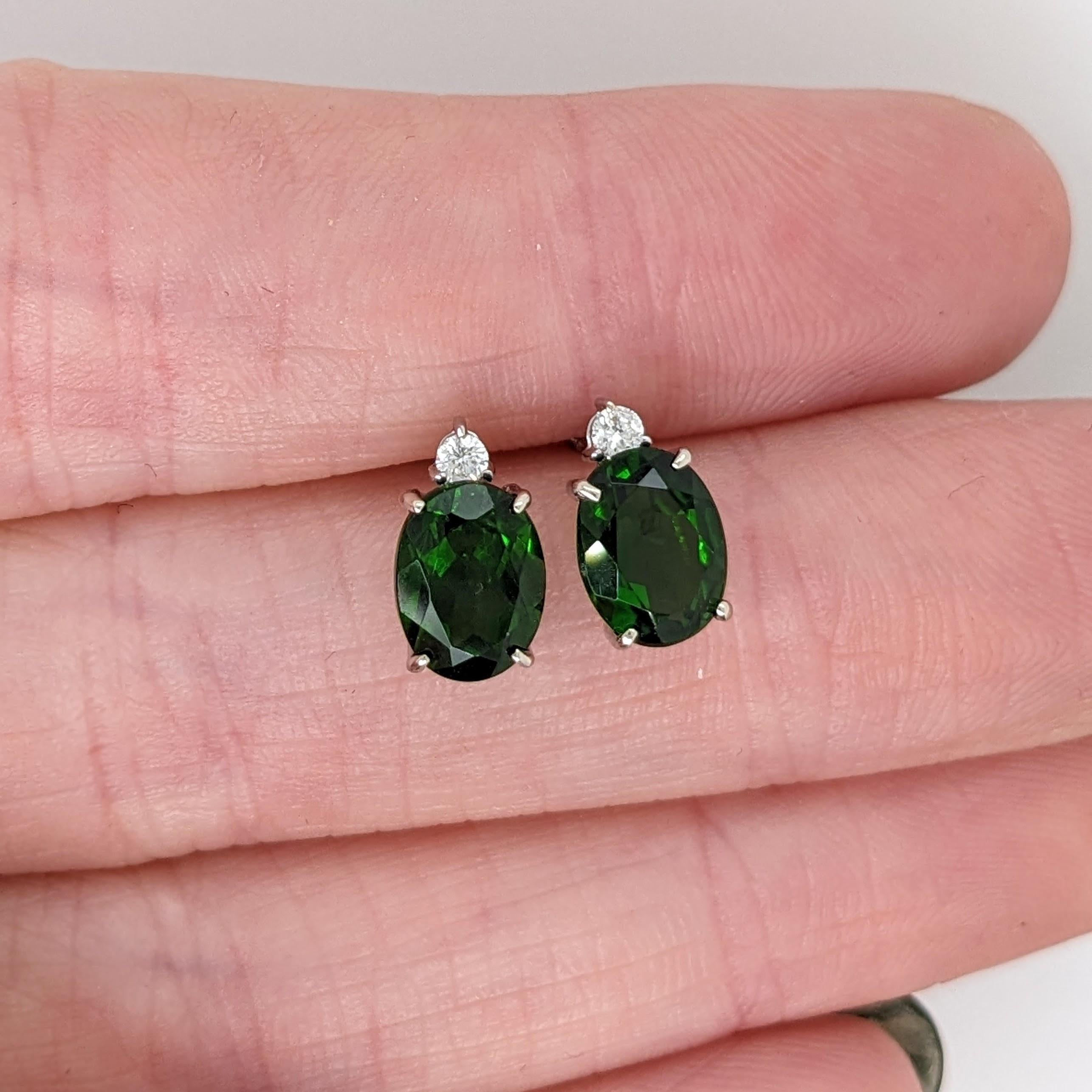 2.6ct Chrome Diopside Earrings w Natural Diamonds in Solid 14K Gold Oval 7x5mm