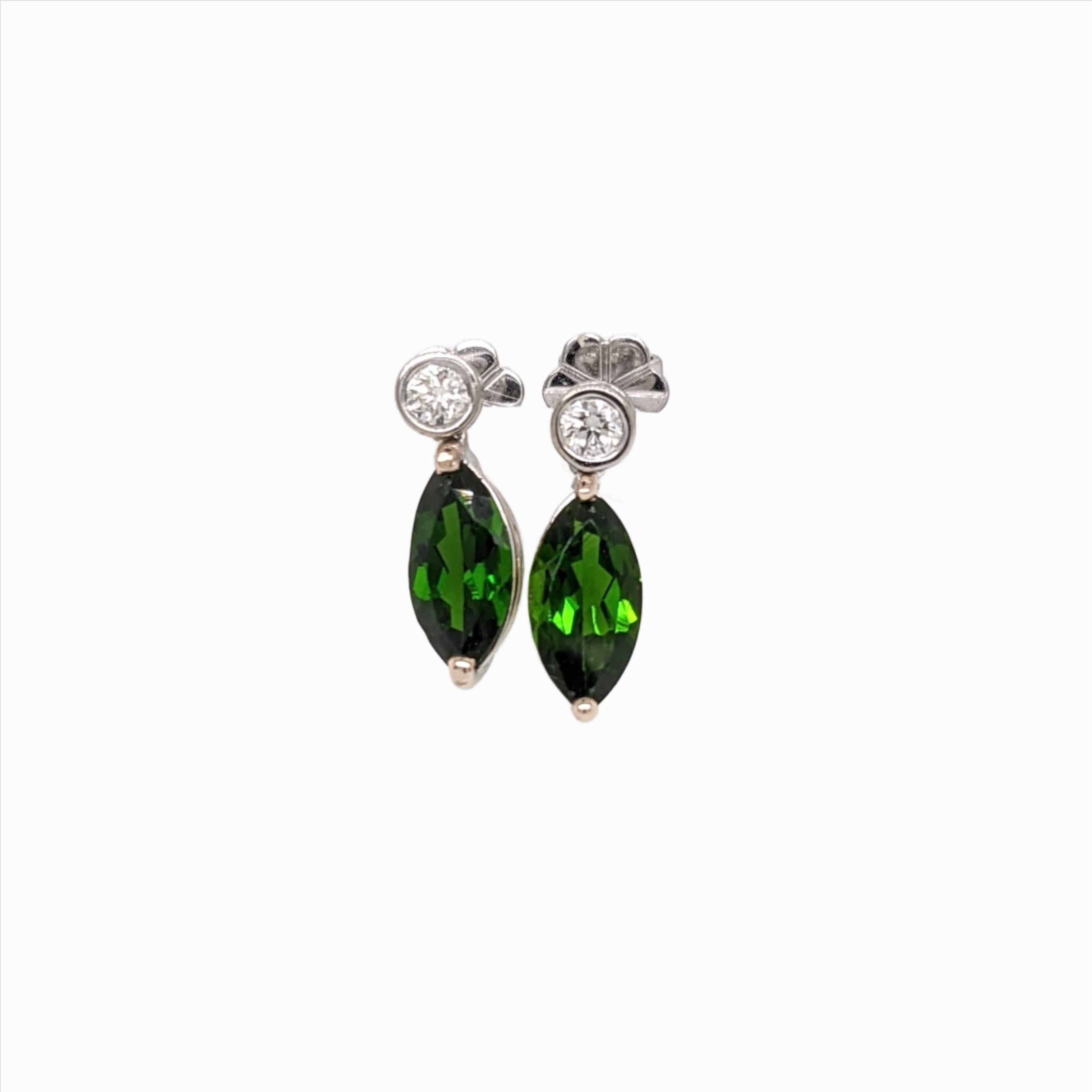 Chrome Diopside Earrings w Natural Diamonds in Solid 14K Gold Marquise 10x5