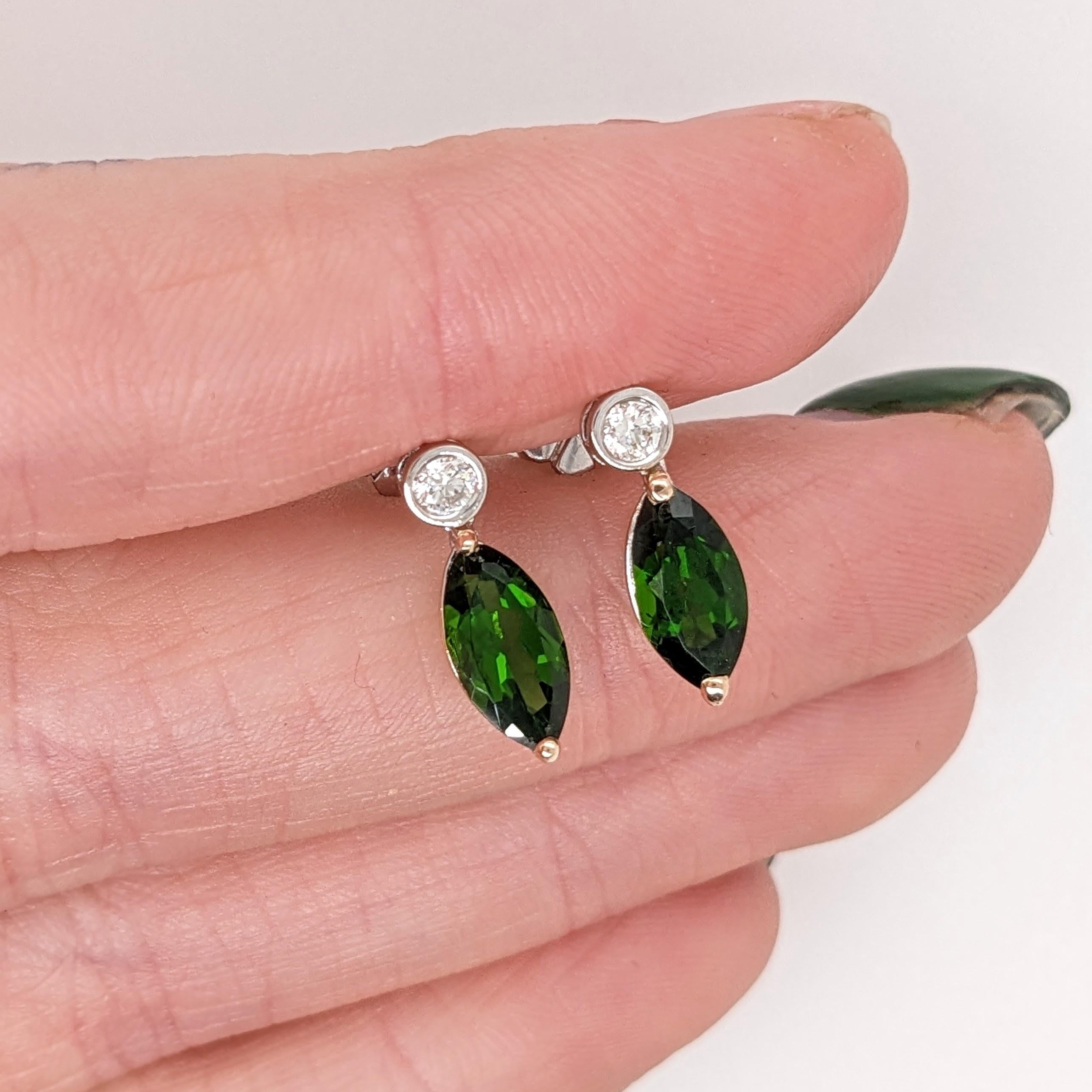 Chrome Diopside Earrings w Natural Diamonds in Solid 14K Gold Marquise 10x5