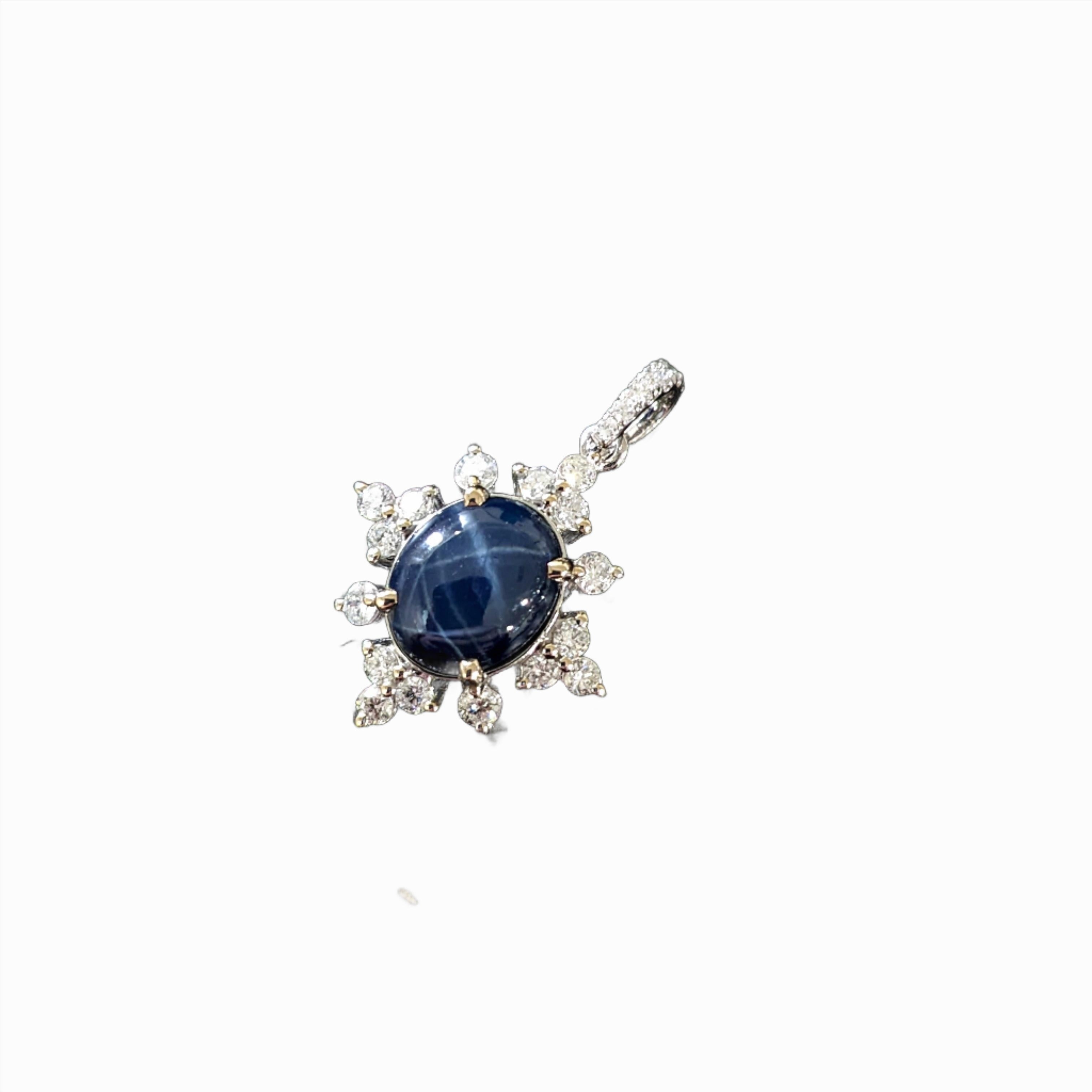 3.5ct Star Sapphire Pendant w Natural Diamonds in Solid 14K Gold Oval 10x8mm