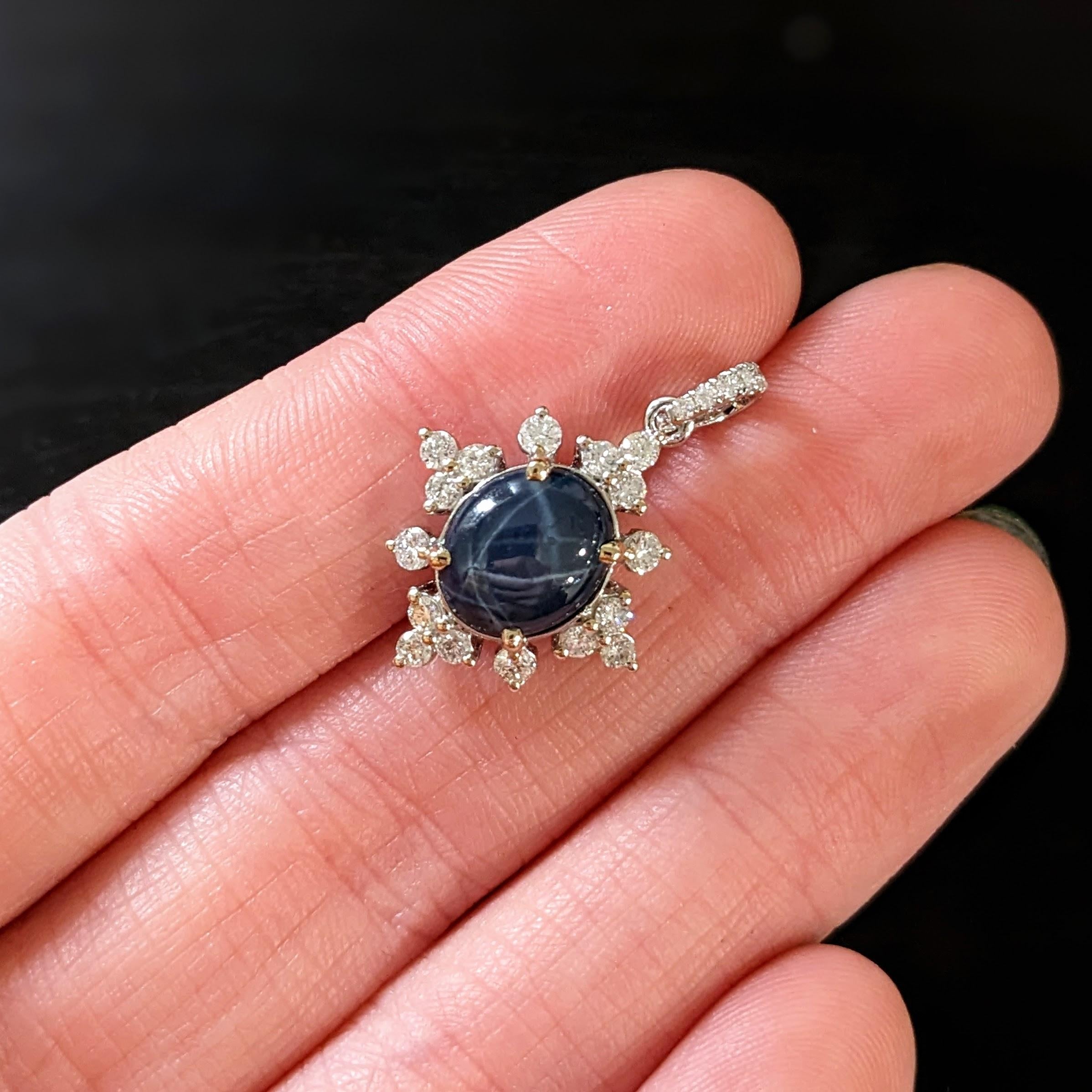 3.5ct Star Sapphire Pendant w Natural Diamonds in Solid 14K Gold Oval 10x8mm