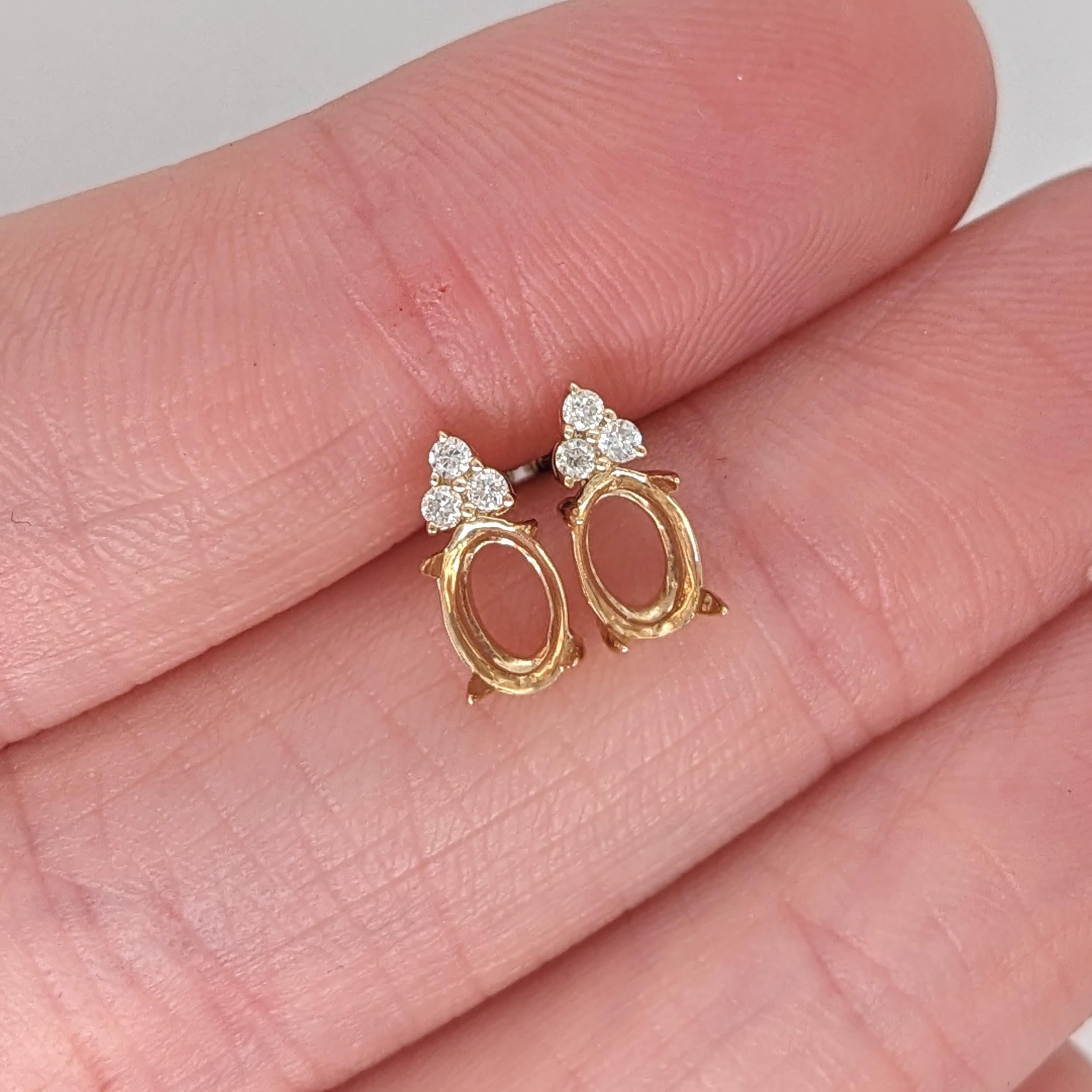 Earrings Semi Mount w Natural Diamonds in Solid 14K Gold Oval 6x4mm