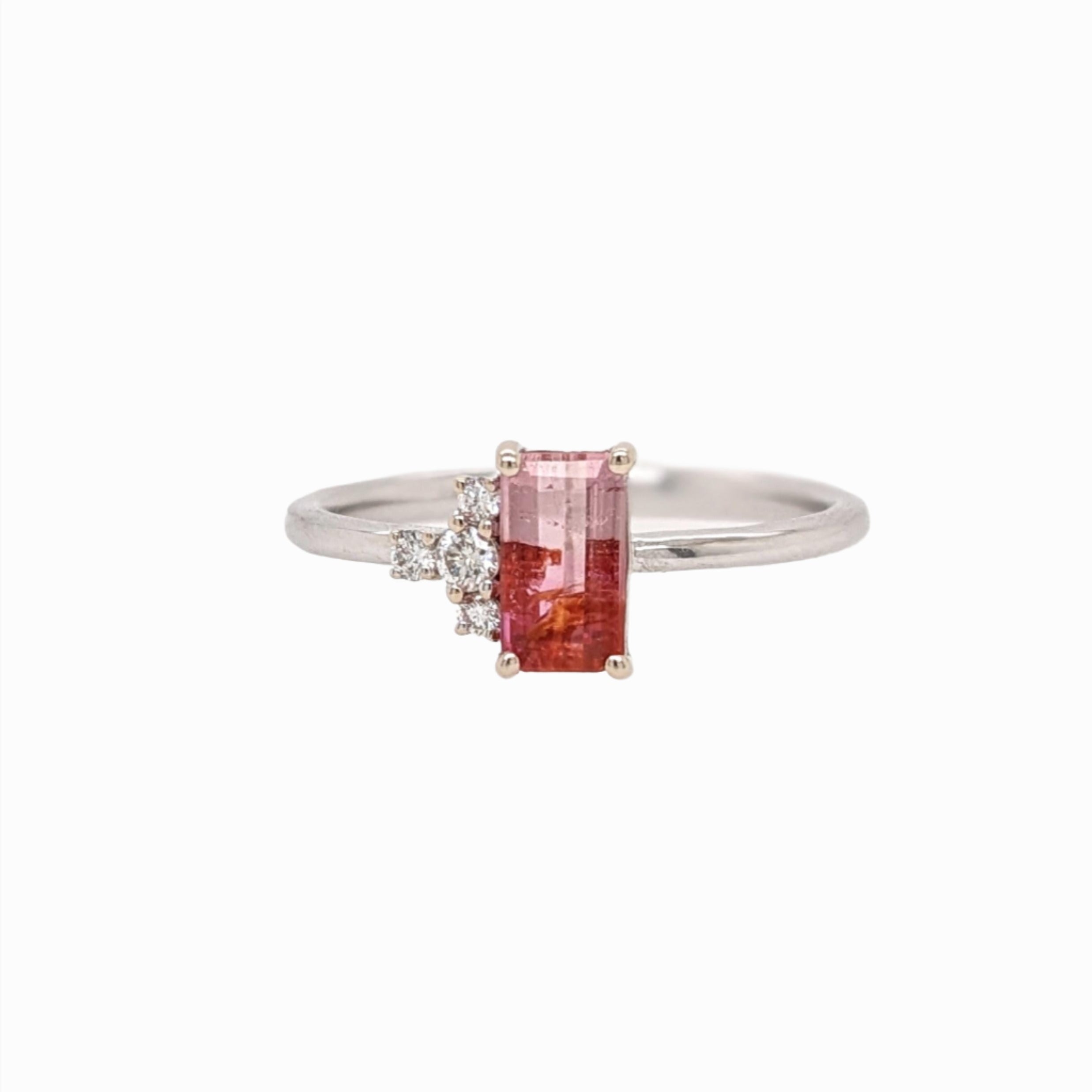 Bi-color Tourmaline Ring w Natural Diamonds in Solid 14K White Gold EM 7x4mm