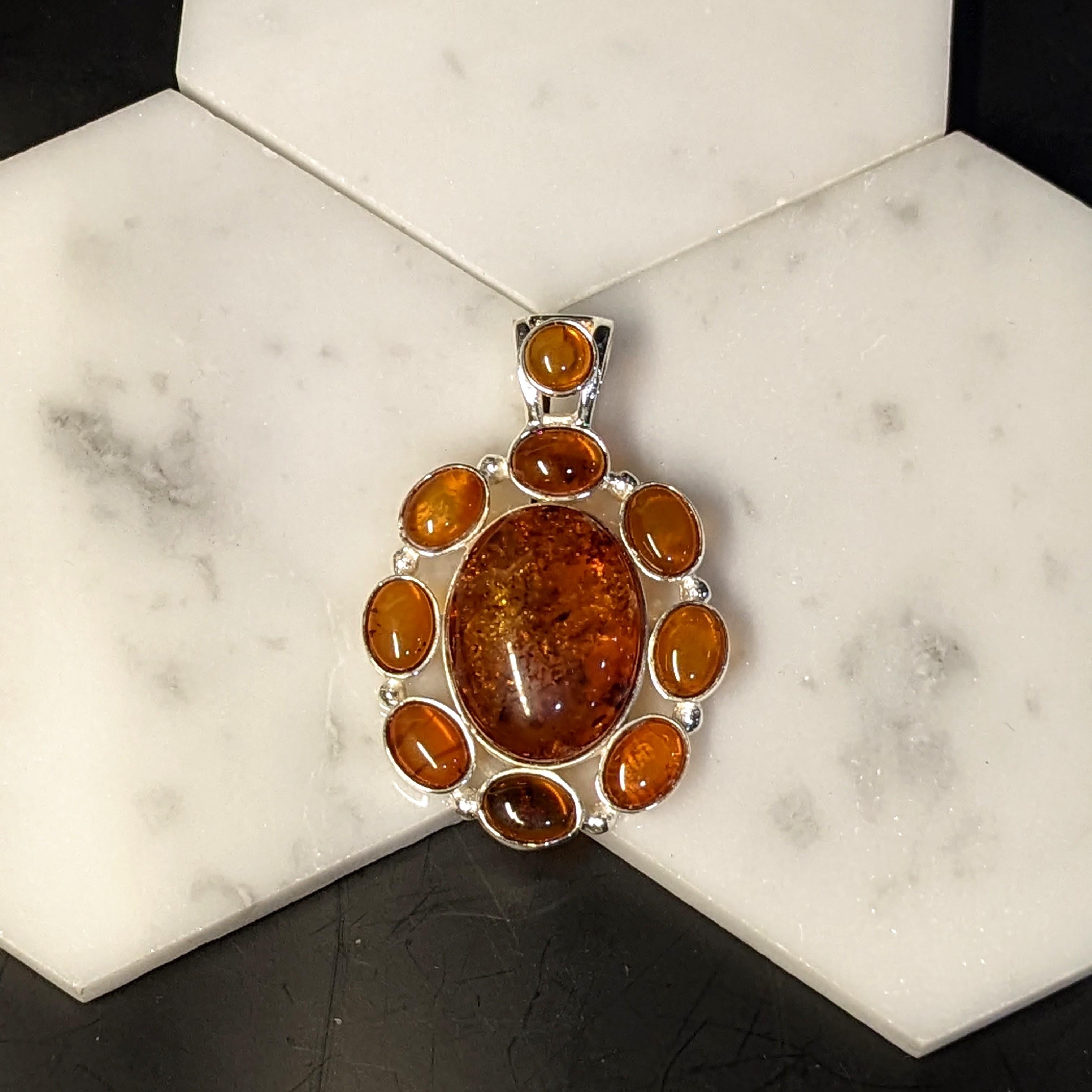 Beautiful Amber Pendant in Solid Vermeil | Cabochon Cut | Bezel Setting