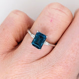 2.3ct London Blue Topaz Ring w Earth Mined Diamonds in Solid 14K White Gold | Emerald Cut 8x6mm | November Birthstone