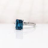 2.3ct London Blue Topaz Ring w Earth Mined Diamonds in Solid 14K White Gold | Emerald Cut 8x6mm | November Birthstone